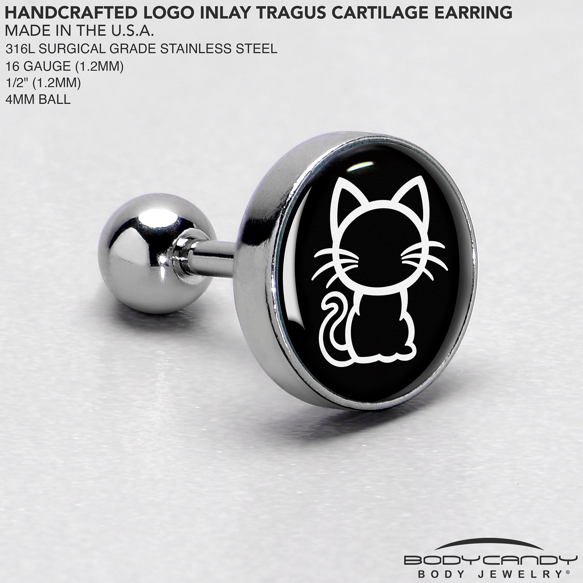 16 Gauge 1/4 Black and White Kitty Cat Cartilage Tragus Earring