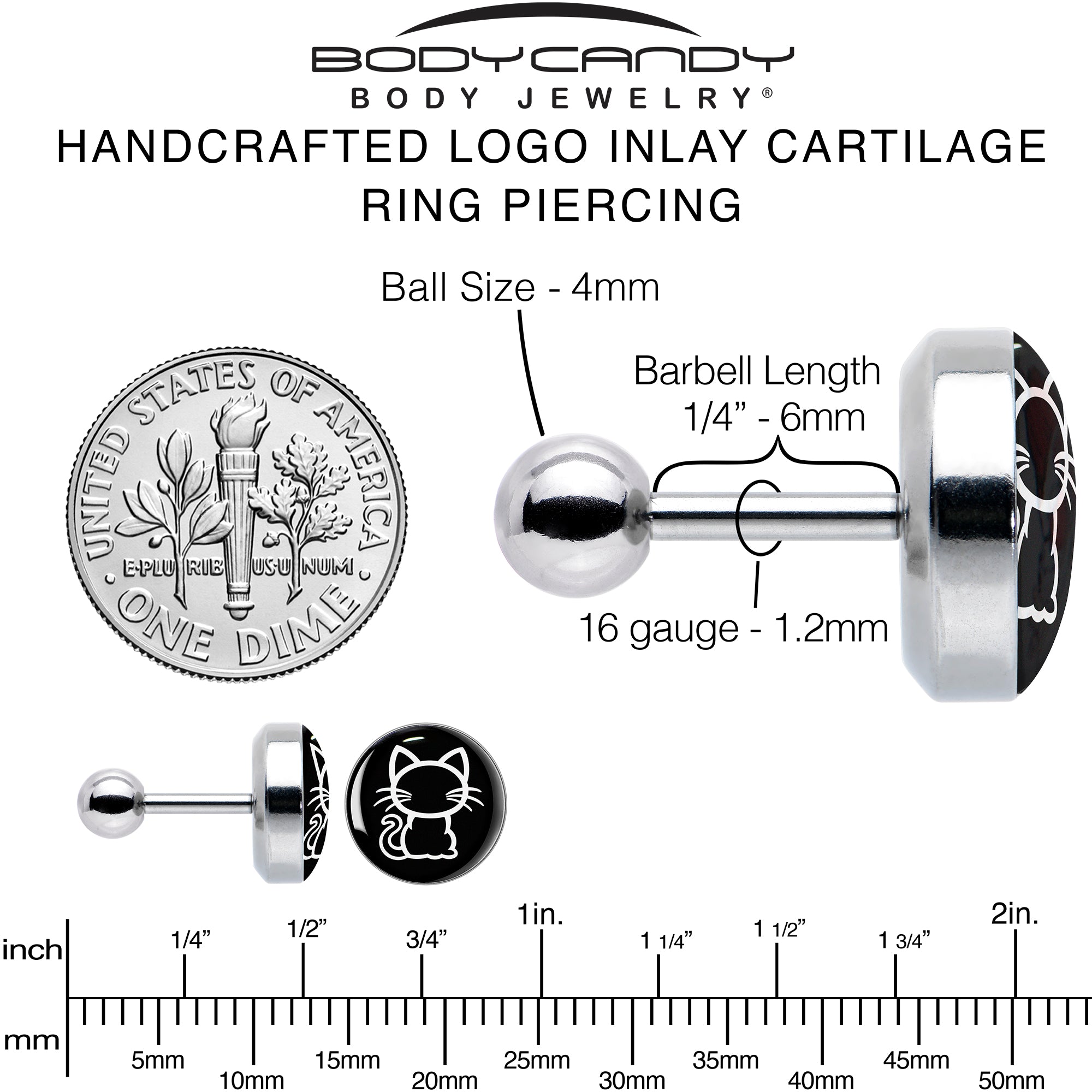 16 Gauge 1/4 Black and White Kitty Cat Cartilage Tragus Earring