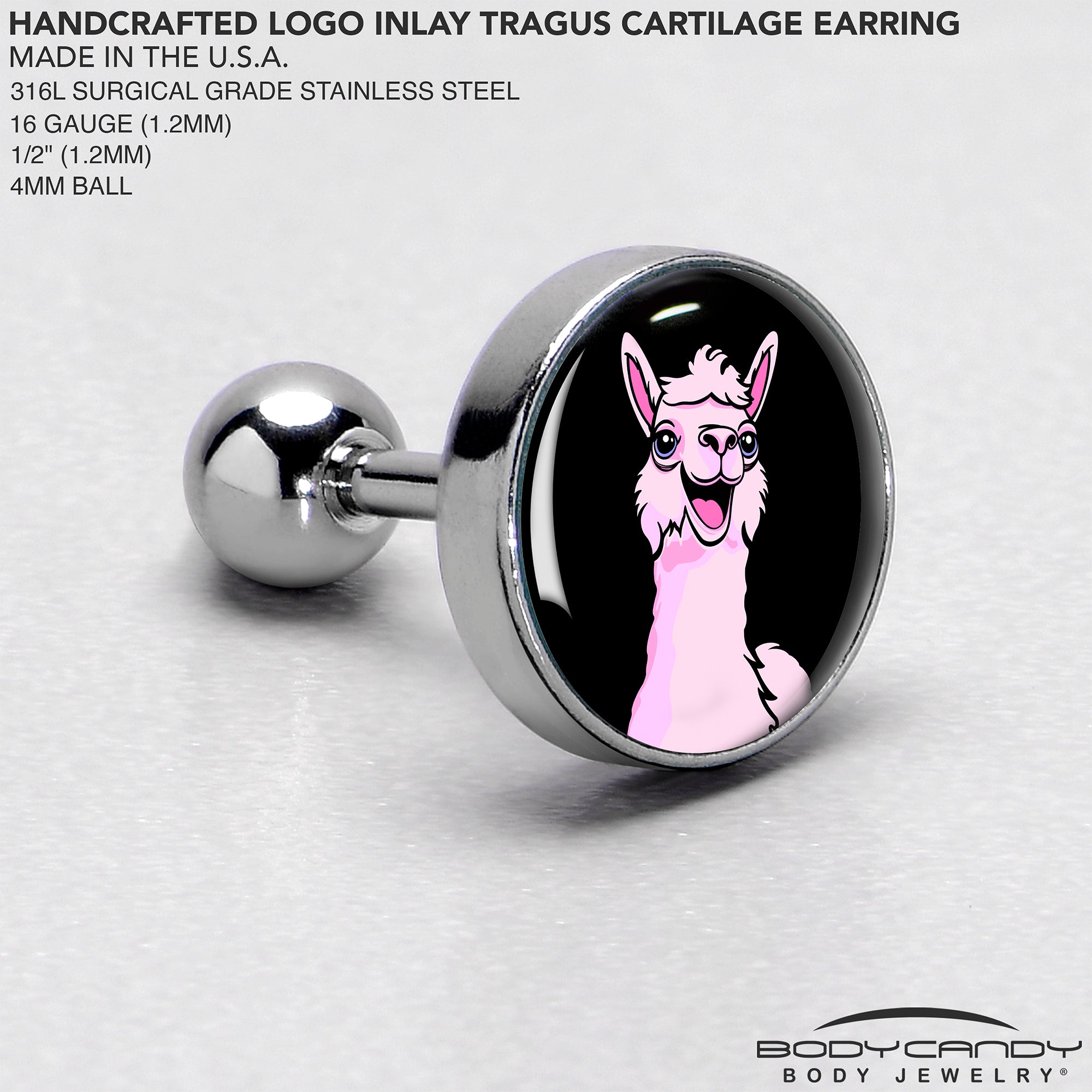 16 Gauge 1/4 Pink Happy Llama Cartilage Tragus Earring