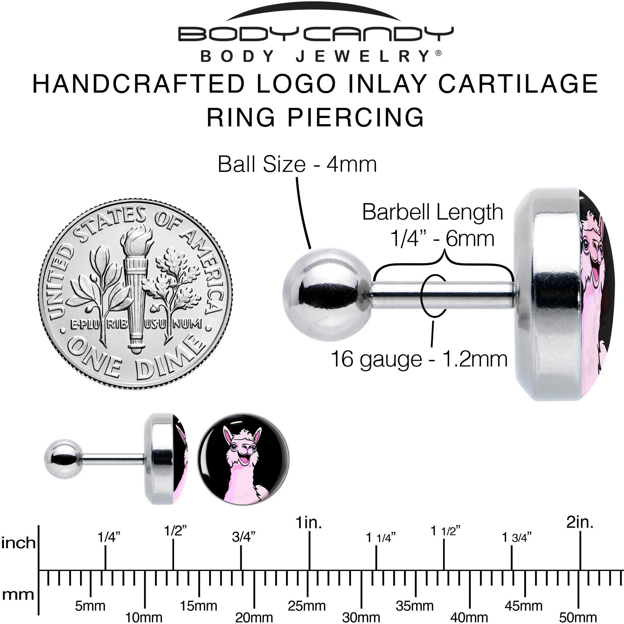 16 Gauge 1/4 Pink Happy Llama Cartilage Tragus Earring