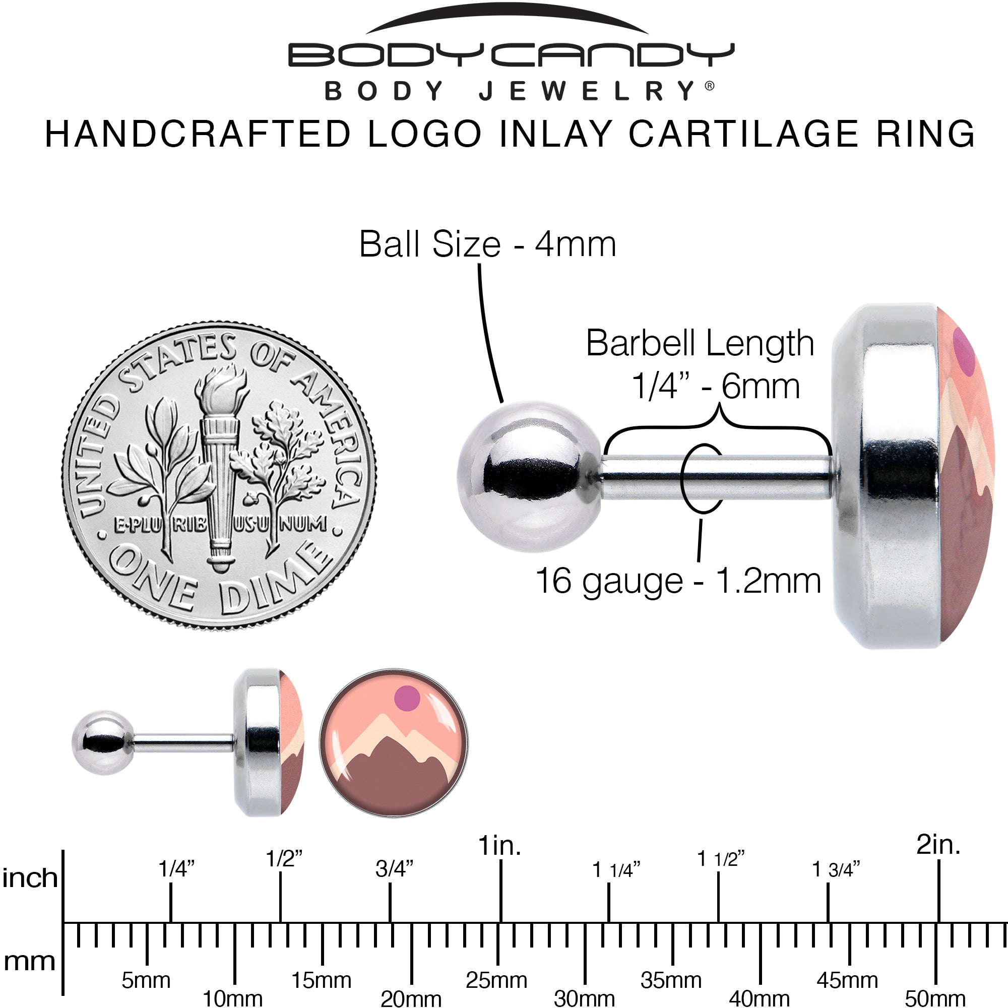 16 Gauge 1/4 Mountain Sunrise Tragus Cartilage Earring