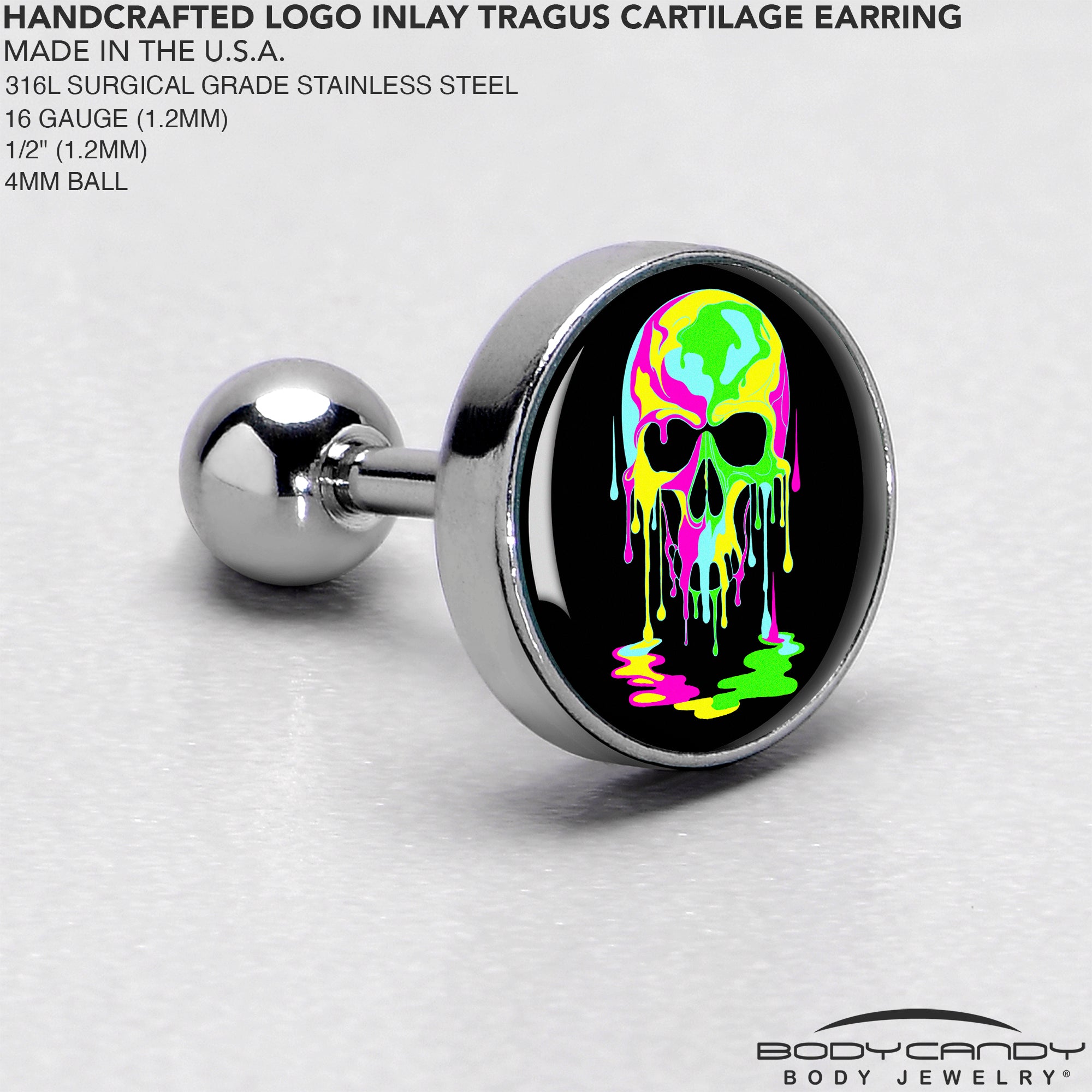 16 Gauge 1/4 Ultra Bright Melting Skull Tragus Cartilage Earring