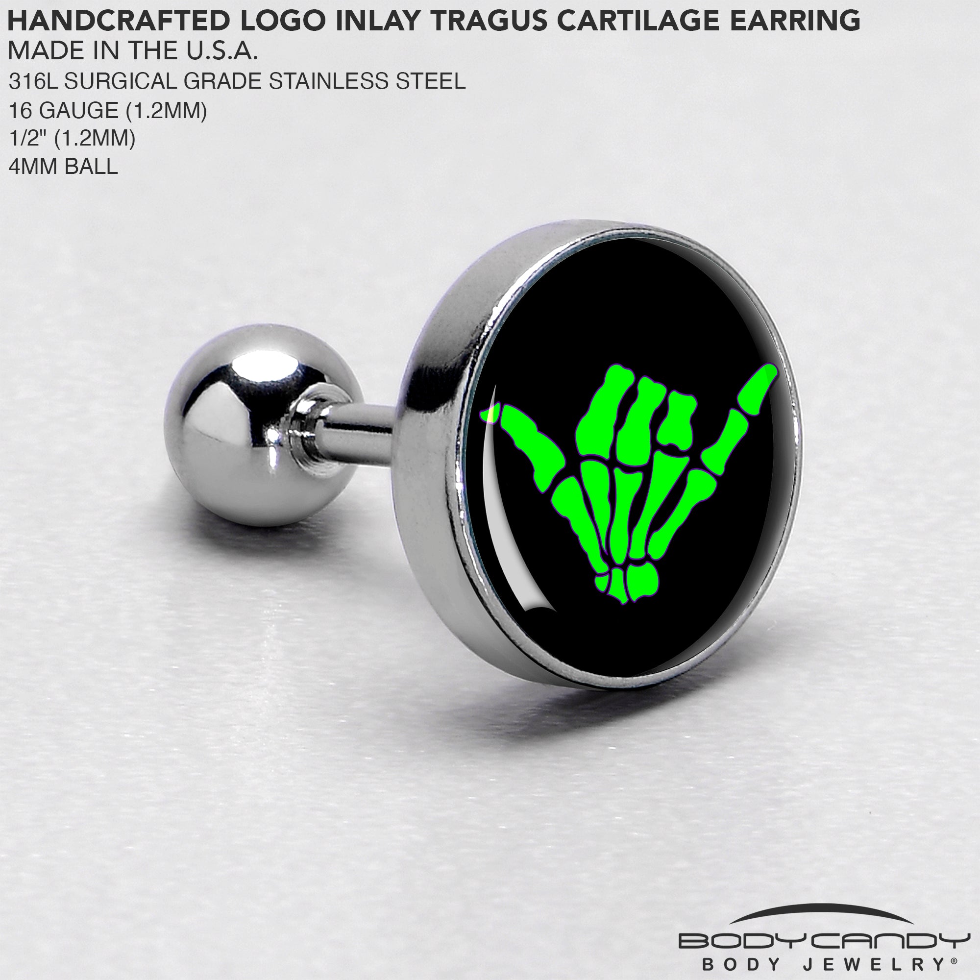 16 Gauge 1/4 Shaka Hand Cartilage Tragus Earring