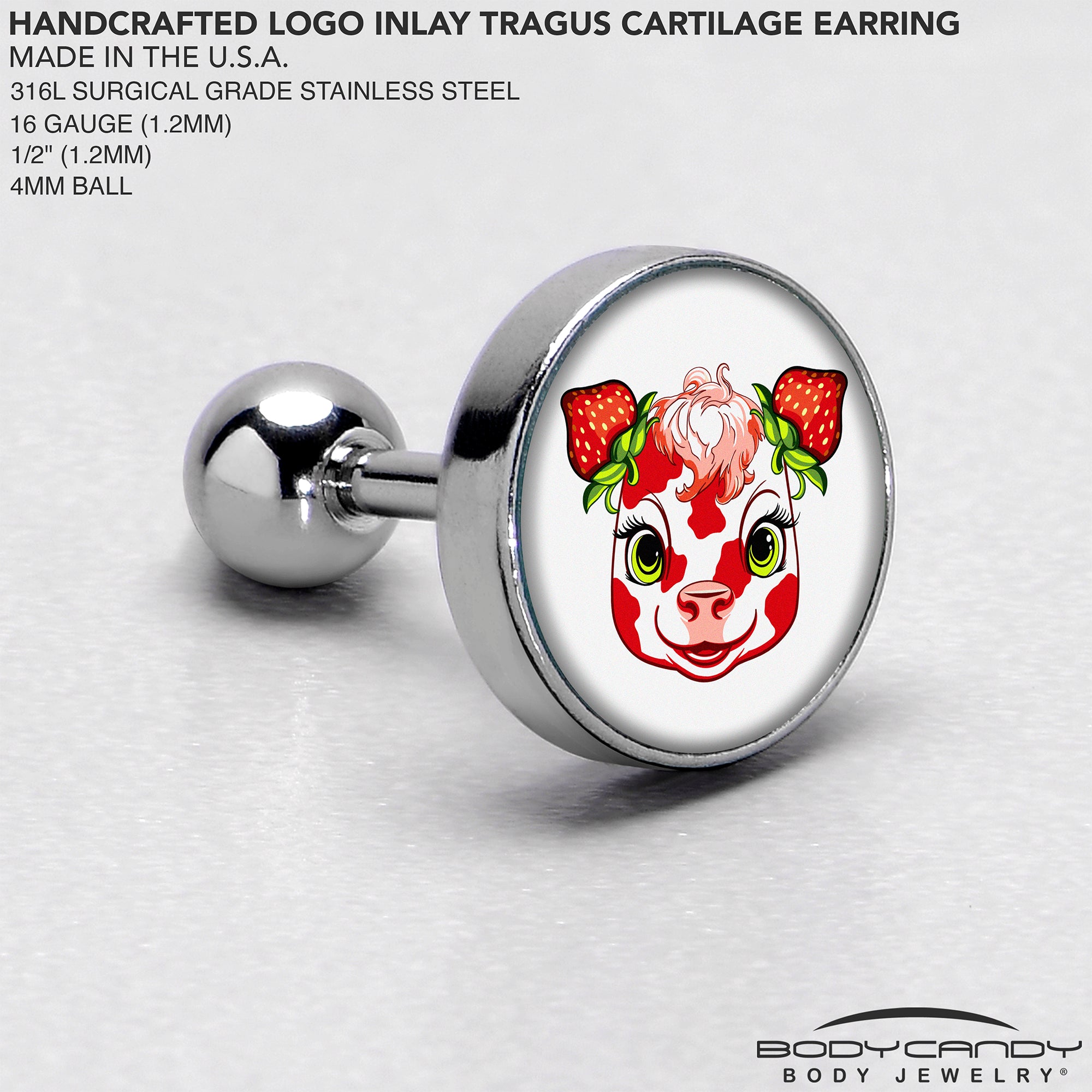 16 Gauge 1/4 Strawberry Cow Cartilage Tragus Earring