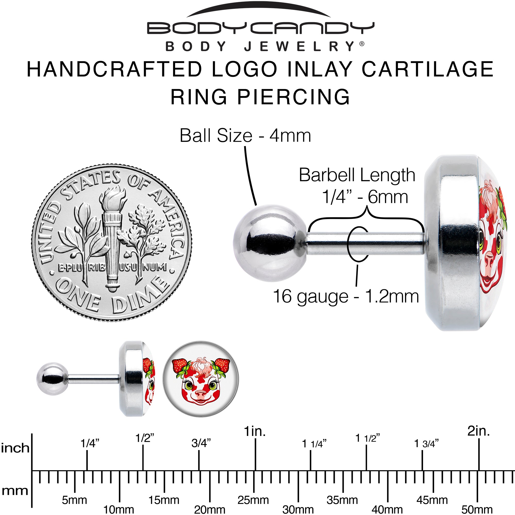 16 Gauge 1/4 Strawberry Cow Cartilage Tragus Earring