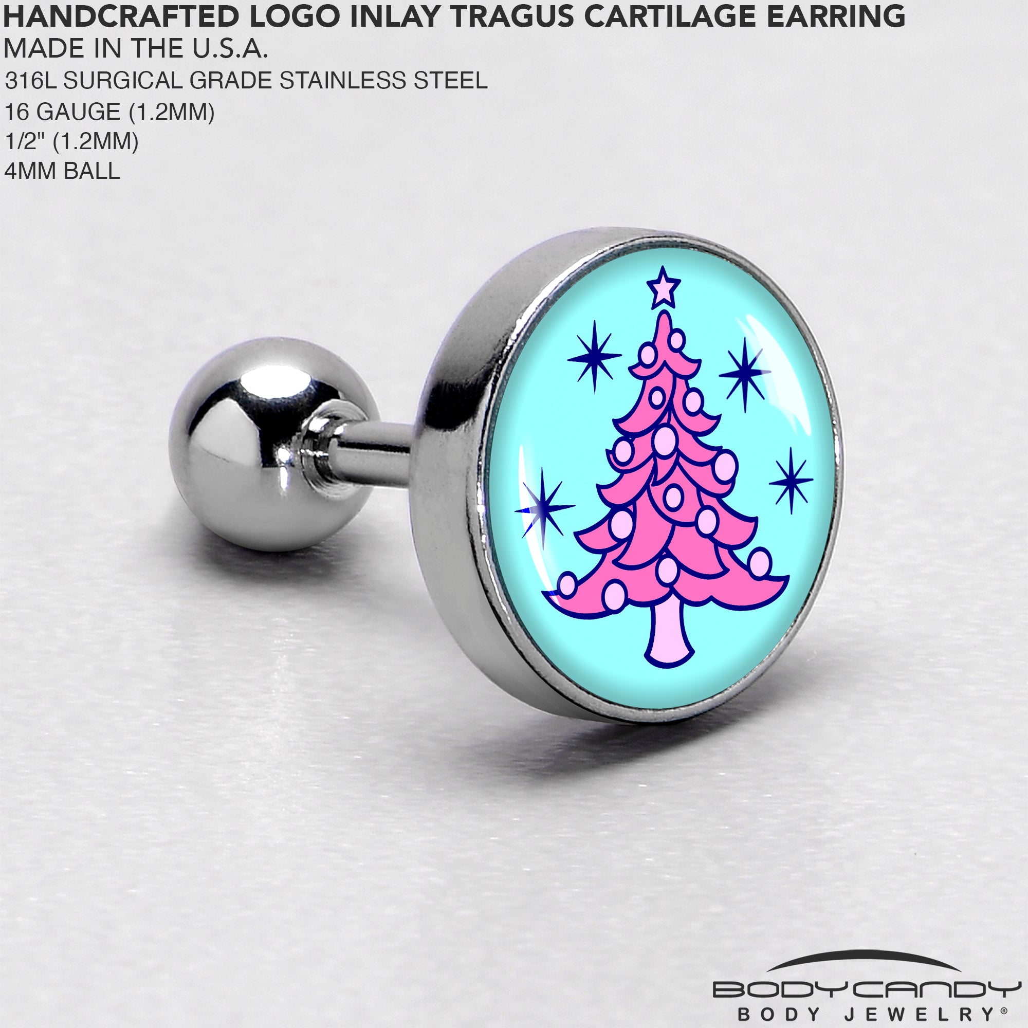 16 Gauge 1/4 Pastel Christmas Tree Tragus Cartilage Earring