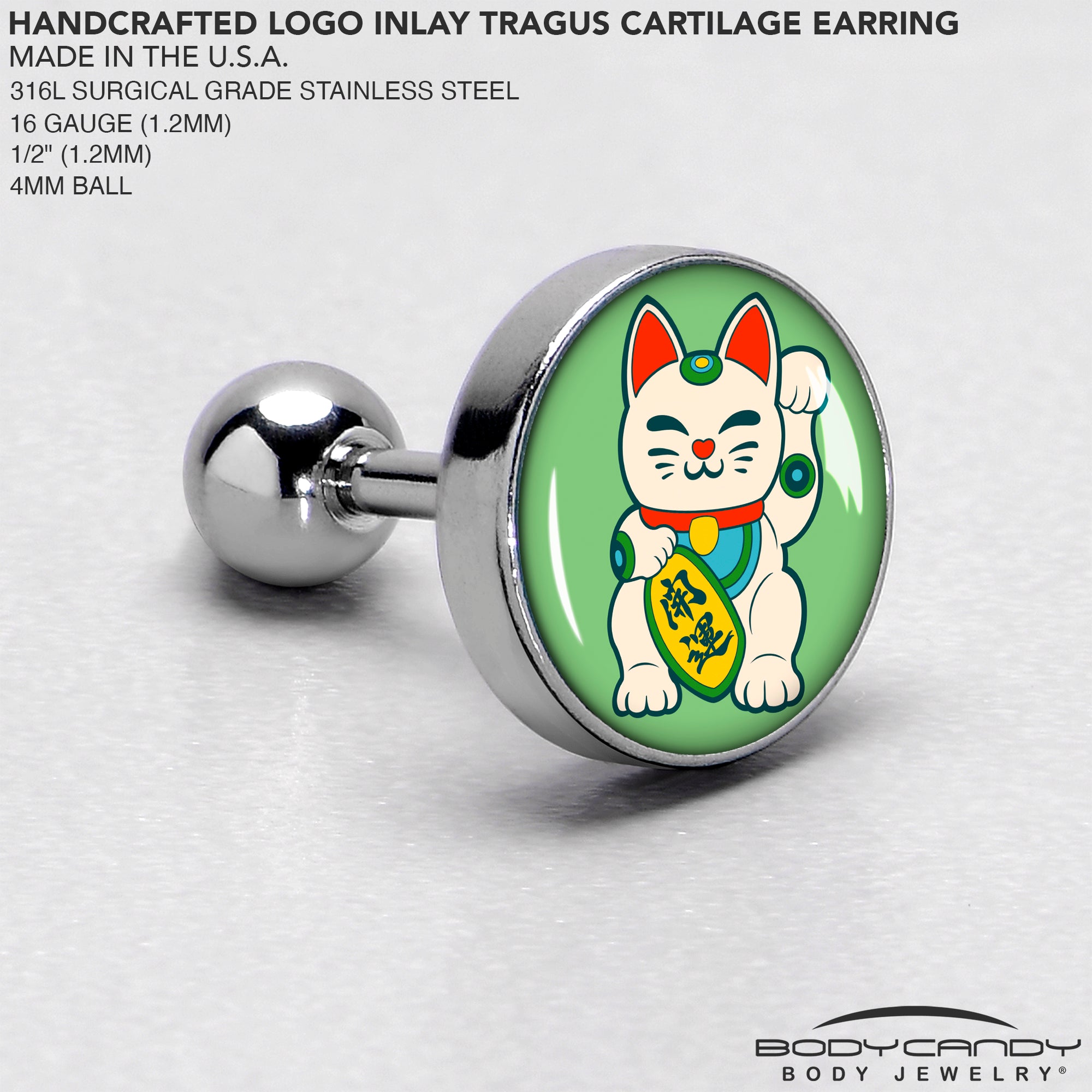 16 Gauge 1/4 Waving Cat Cartilage Tragus Earring