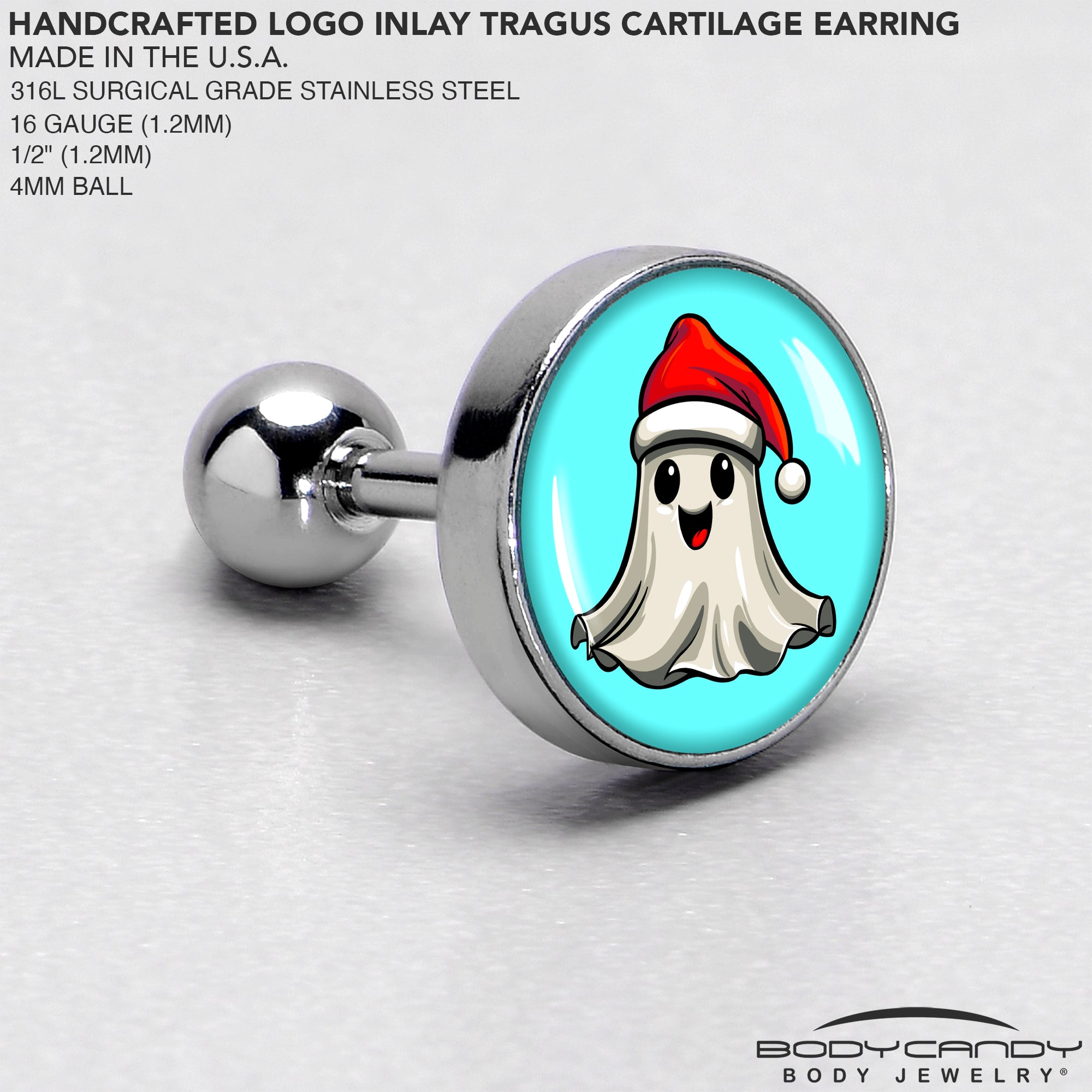 16 Gauge 1/4 Holiday Christmas Spirit Ghost Tragus Cartilage Earring