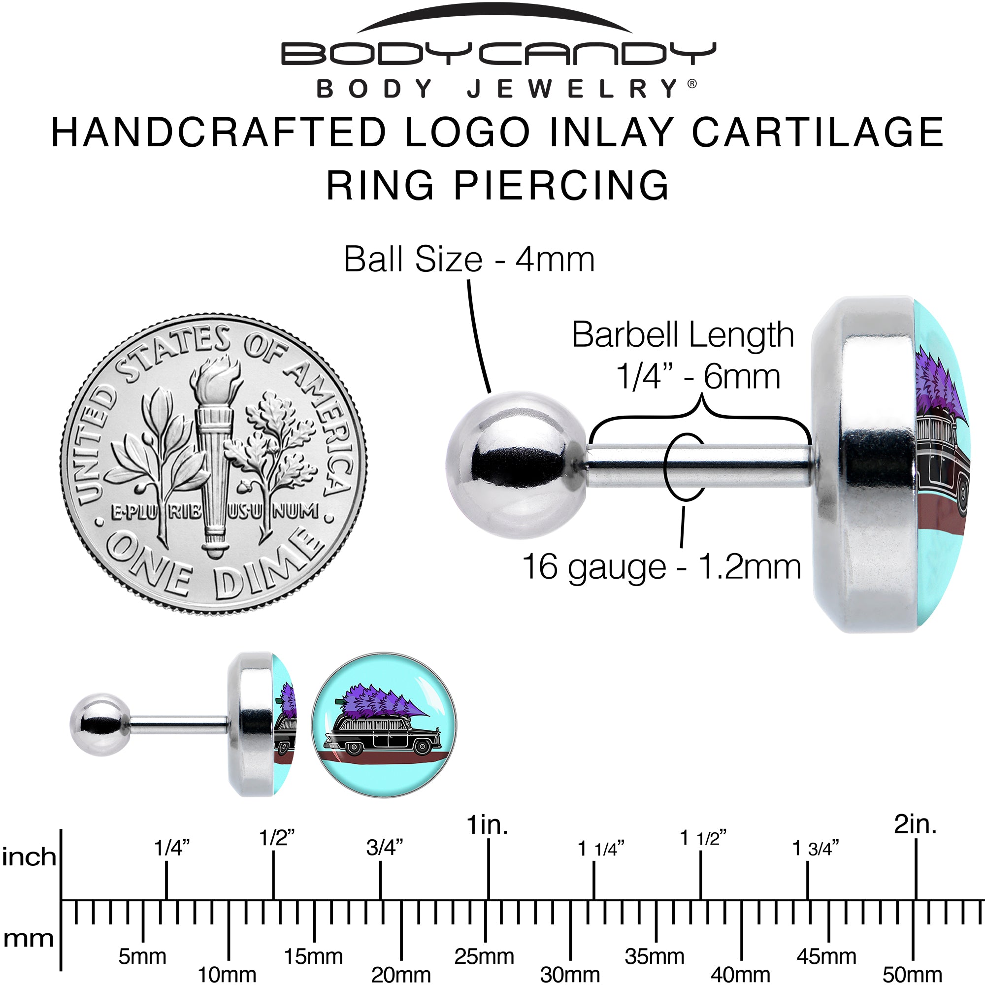 16 Gauge 1/4 Holiday Christmas Hearse Tragus Cartilage Earring