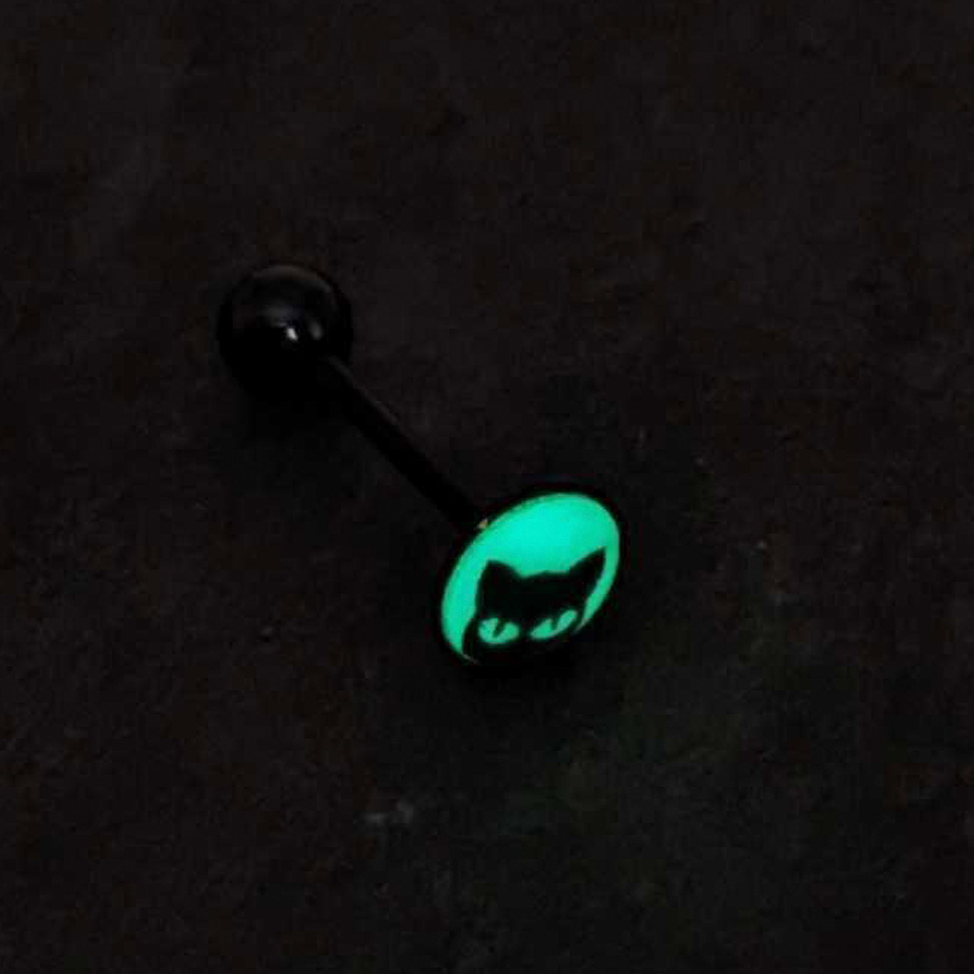 Glow in the Dark Black Anodized Peeking Black Cat Barbell Tongue Ring