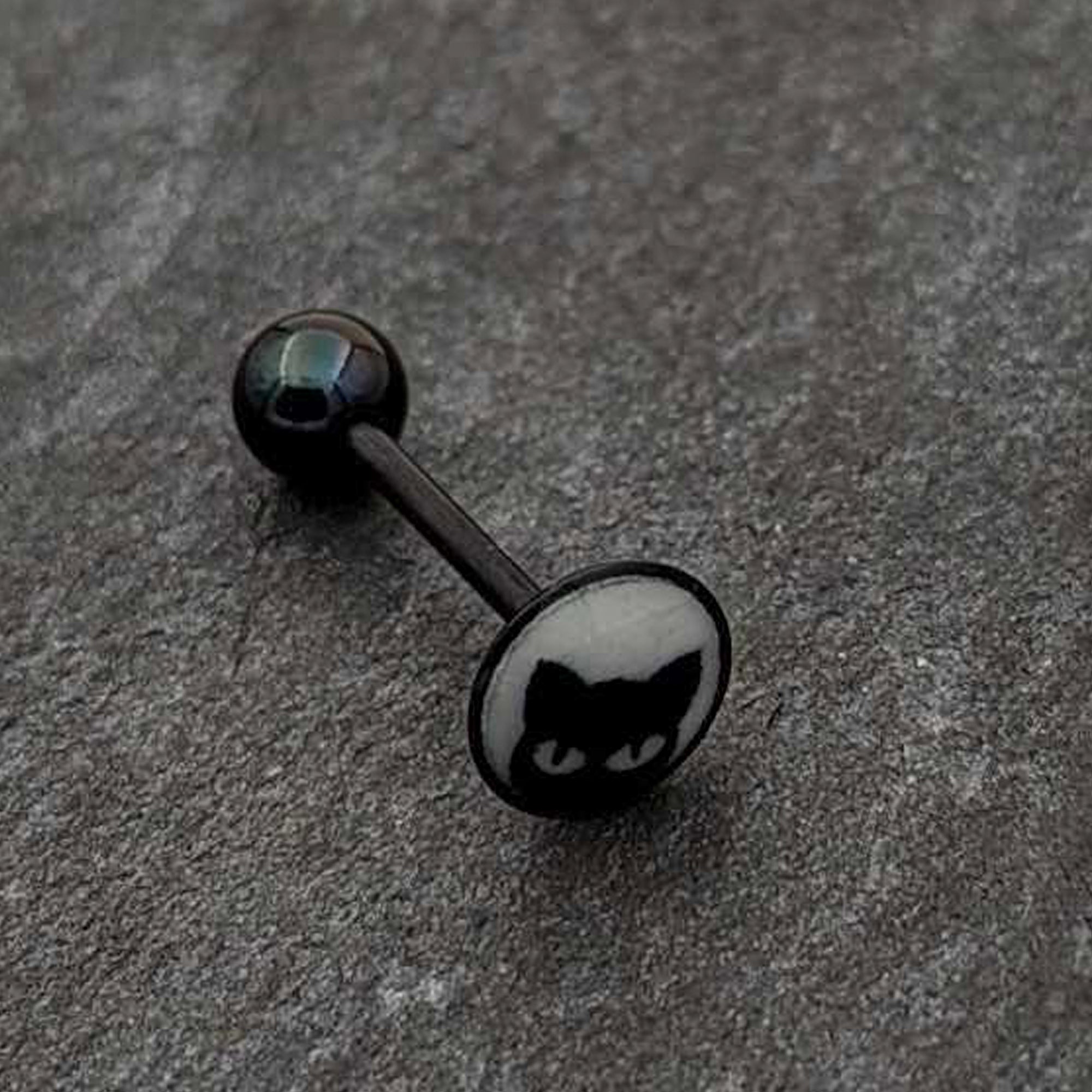 Glow in the Dark Black Anodized Peeking Black Cat Barbell Tongue Ring