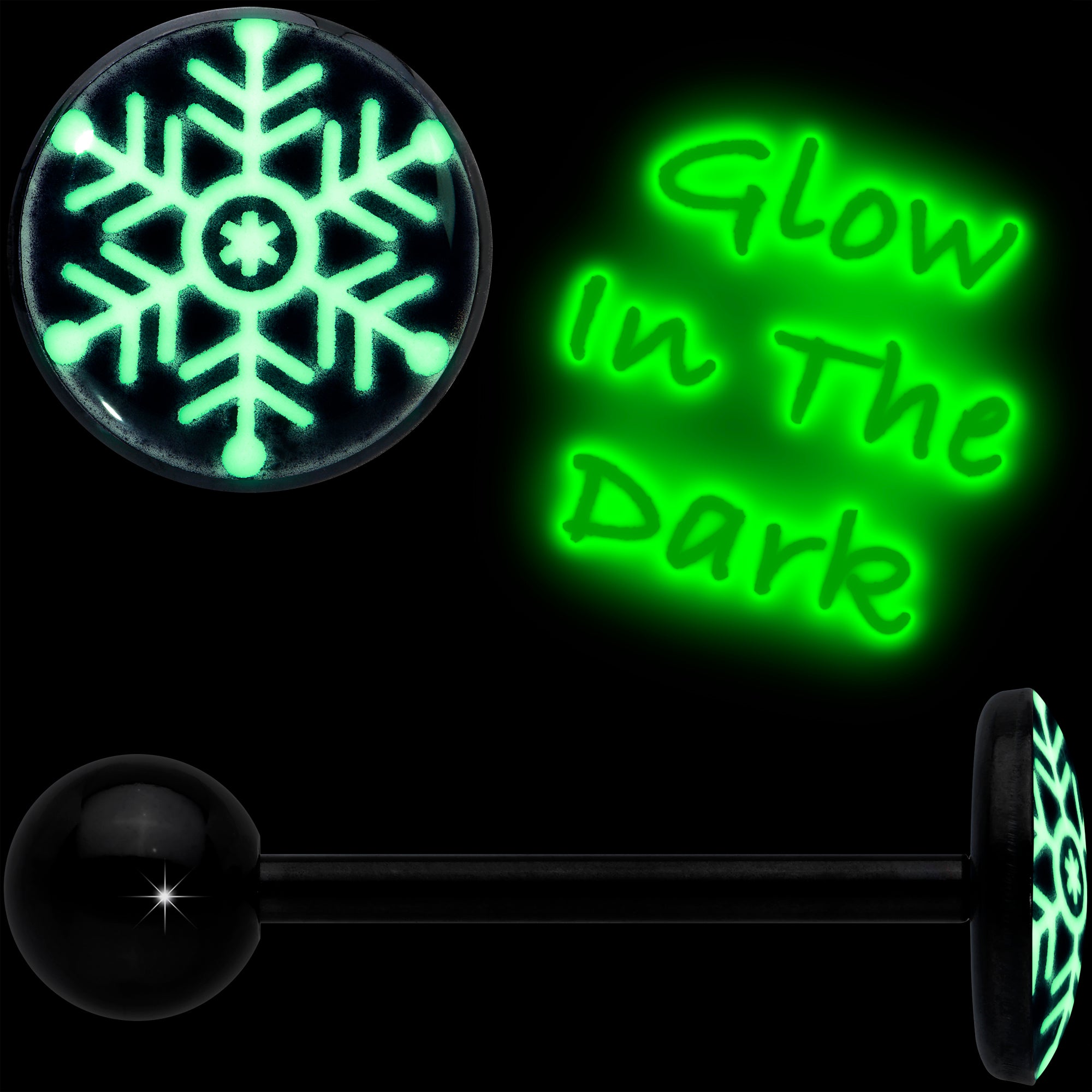 Black Glow in the Dark Holiday Snowflake Tongue Ring