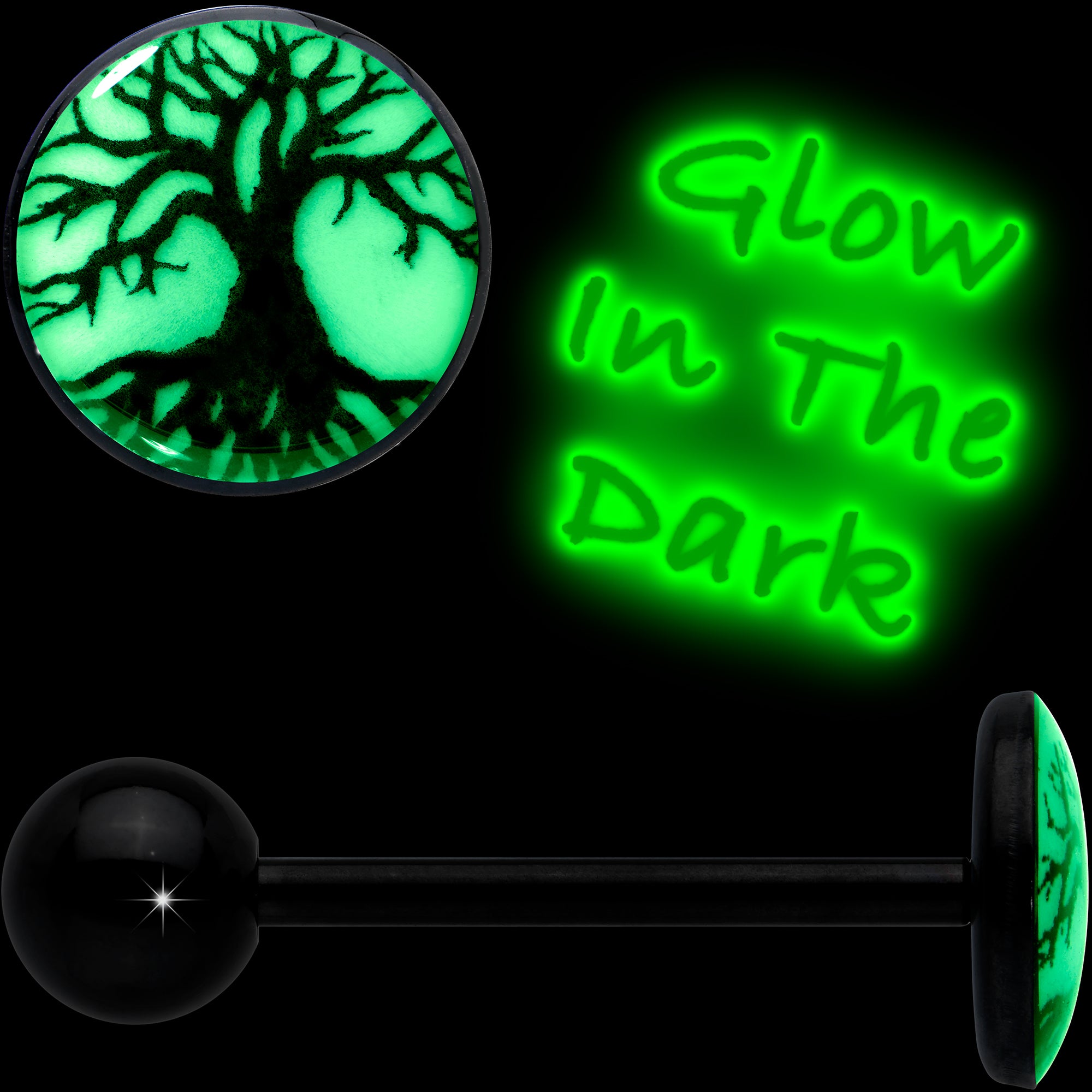 Glow in the Dark Black Anodized Tree of Life Barbell Tongue Ring