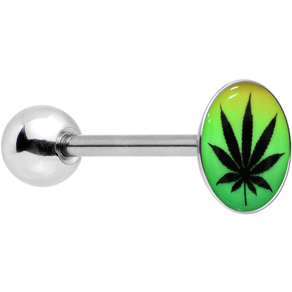 Ganja Leaf Glow in the Dark Logo Stainless Steel Barbell Tongue Ring