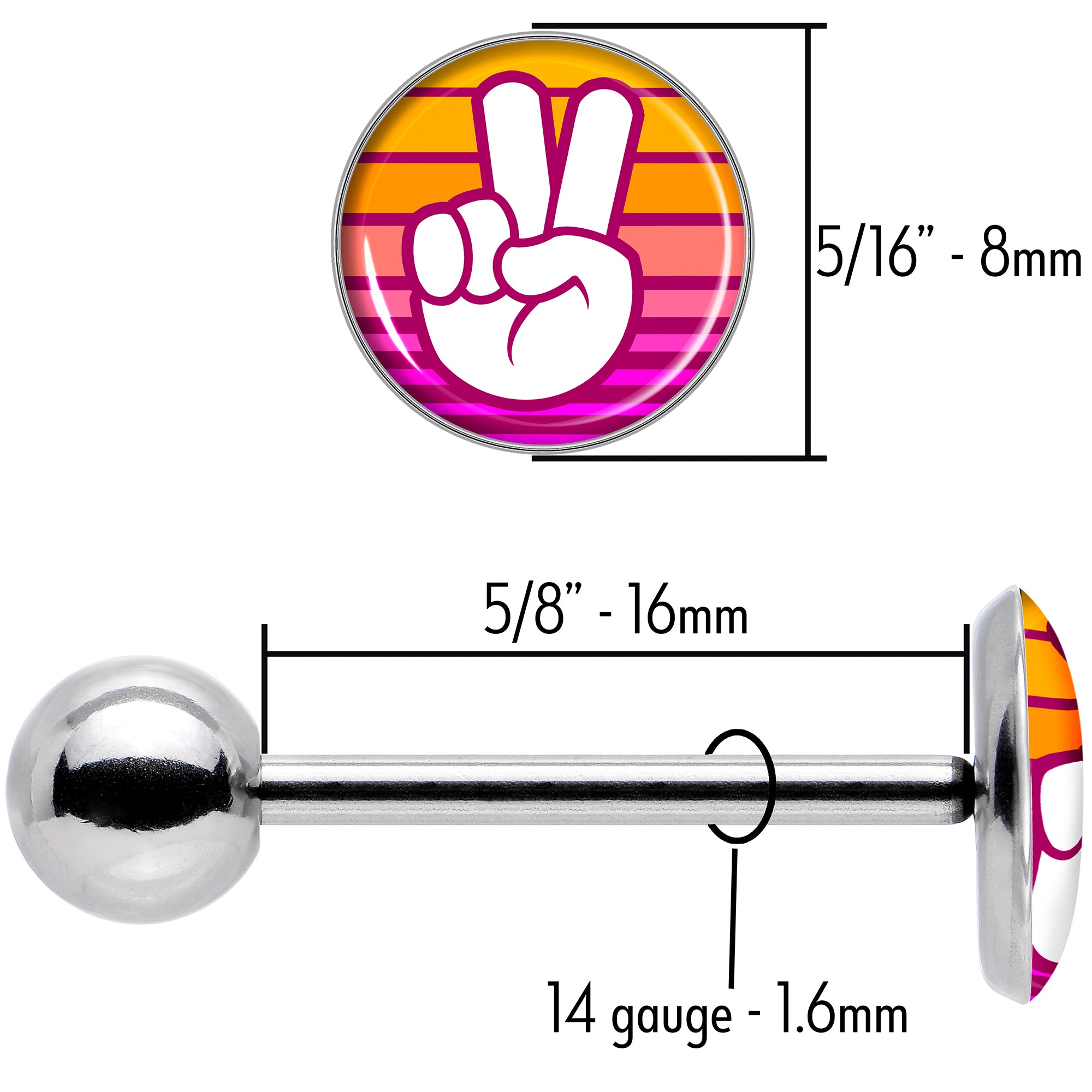 Retro Stripes Peace Sign Fingers Barbell Tongue Ring