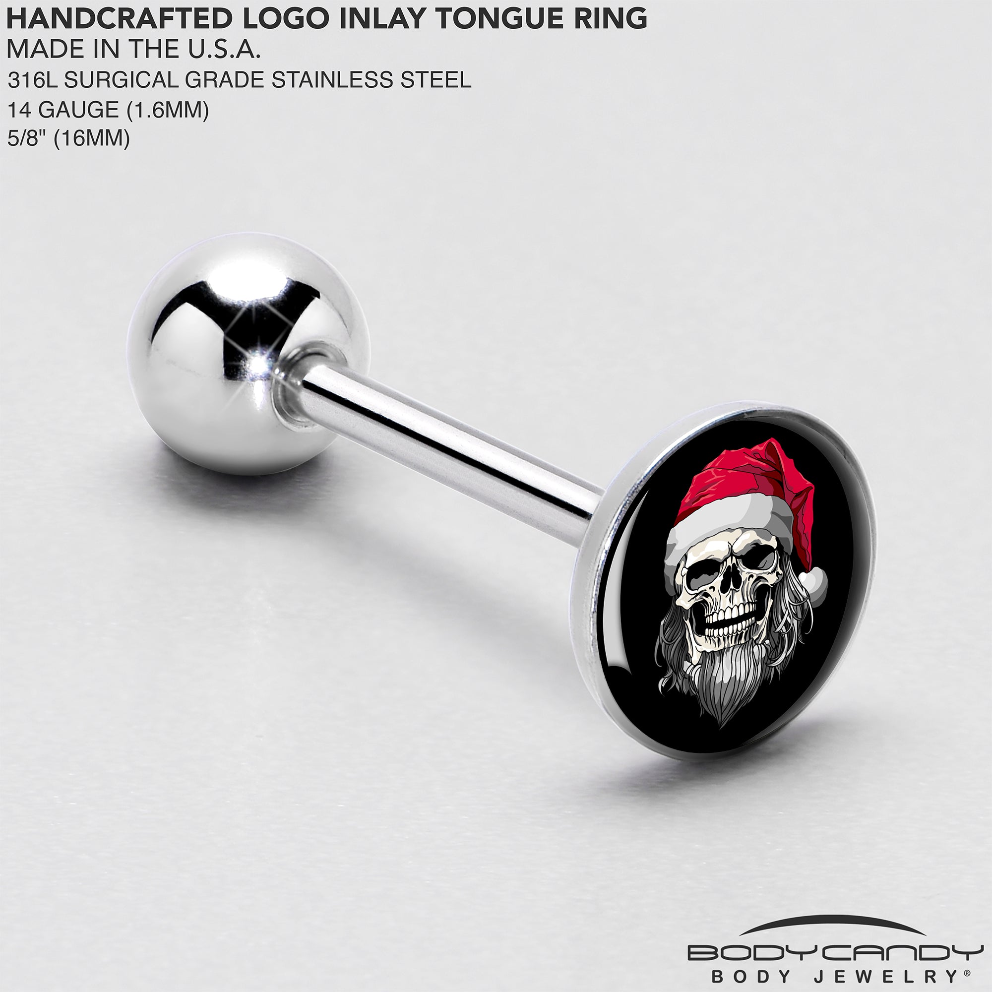 Holiday Skeleton Santa Claus Barbell Tongue Ring