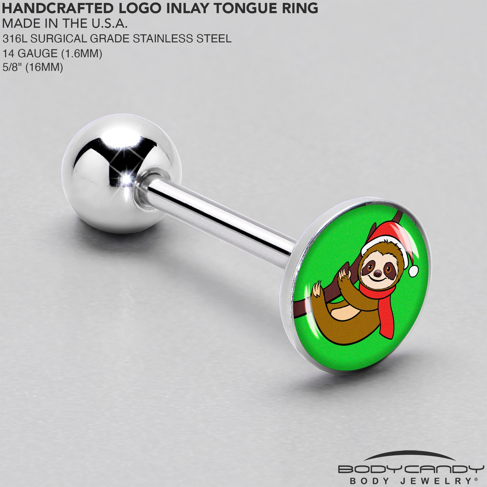 Santa Sloth Holiday Barbell Tongue Ring