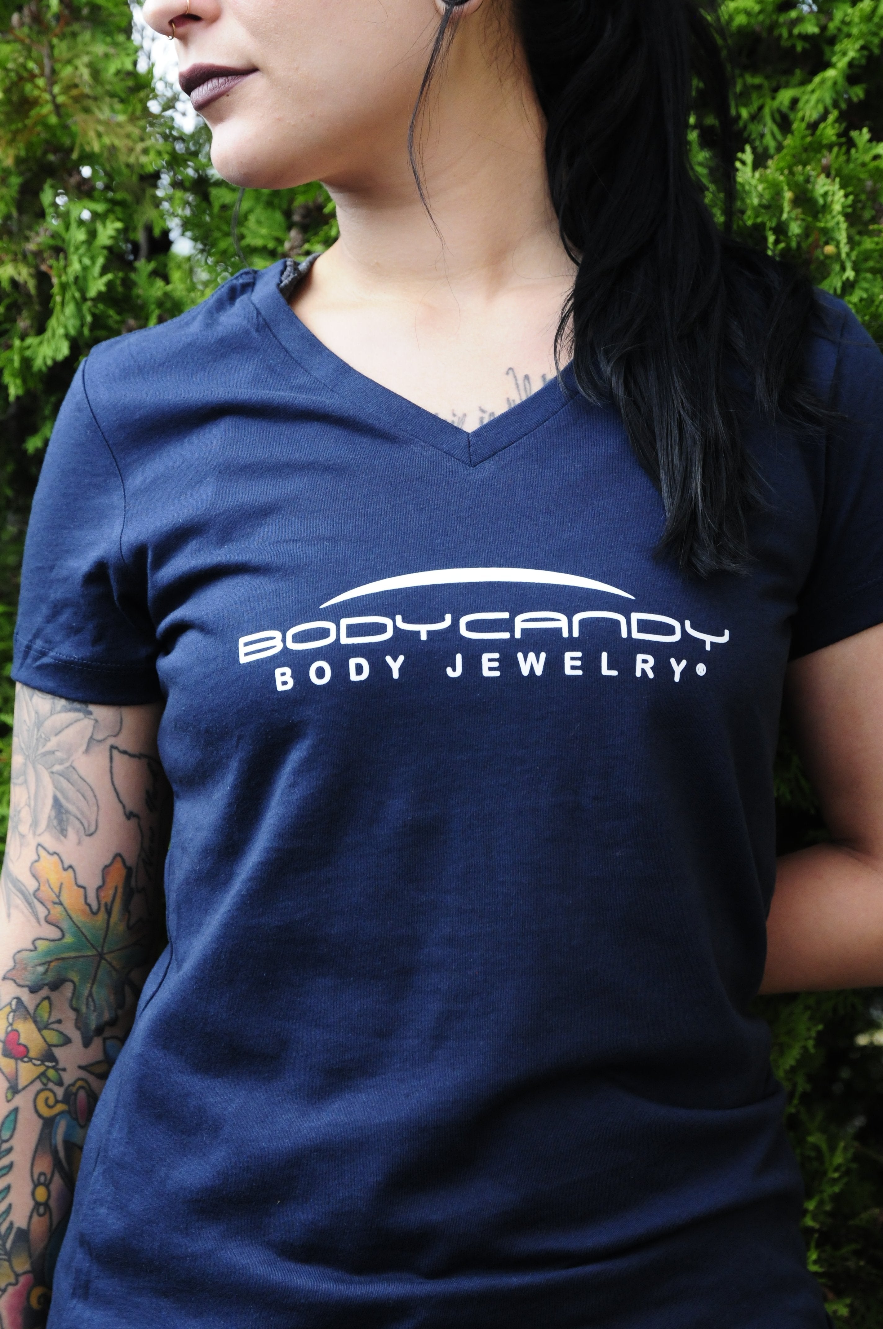 Body Candy Logo Tapered Blue V-Neck Tee Shirt 100% Cotton