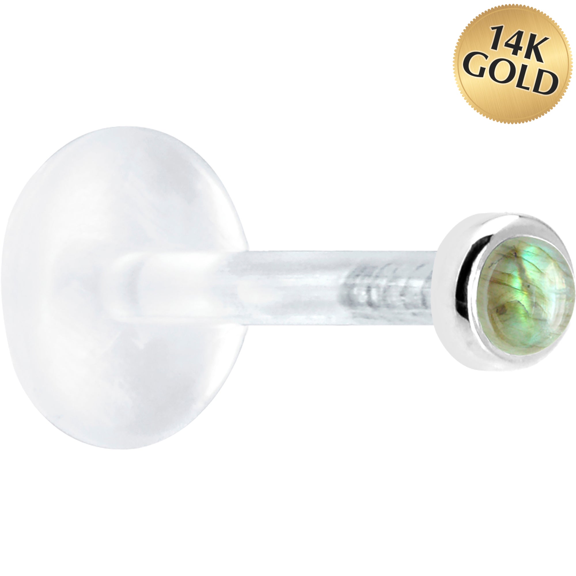 16 Gauge 5/16 Solid 14KT White Gold 2mm Genuine Labradorite Bioplast Tragus Earring Stud