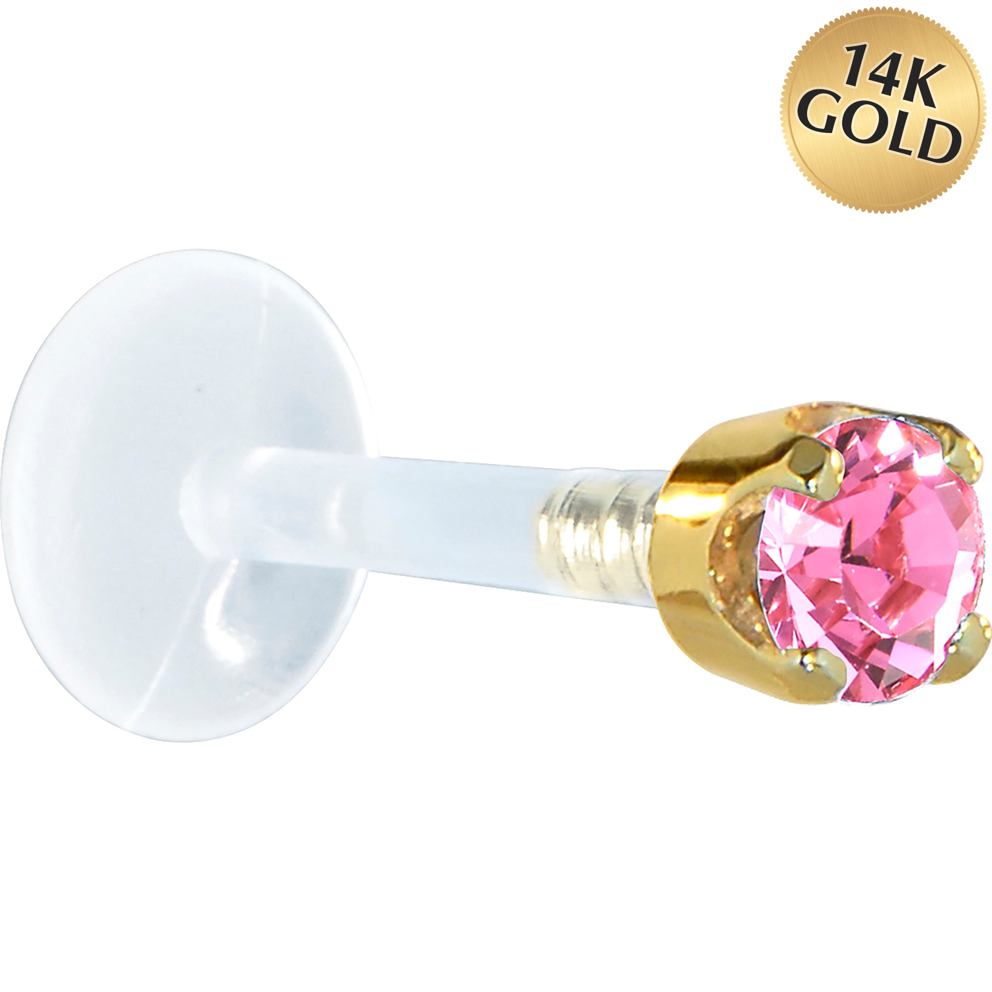 16 Gauge 5/16 Solid 14KT Yellow Gold 3mm Pink Cubic Zirconia Bioplast Tragus Earring Stud