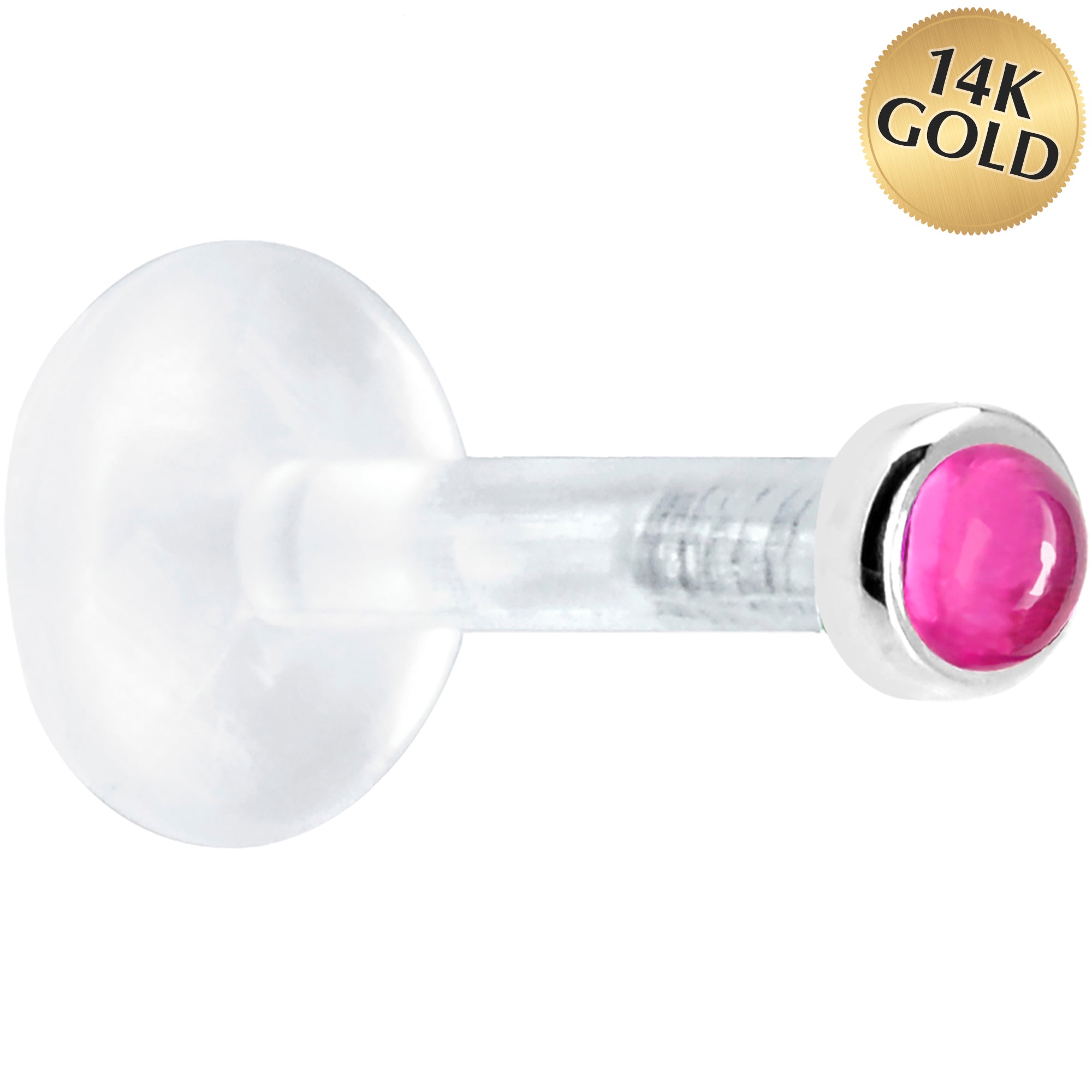 Solid 14KT White Gold 2mm Genuine Pink Tourmaline Bioplast Push in Labret