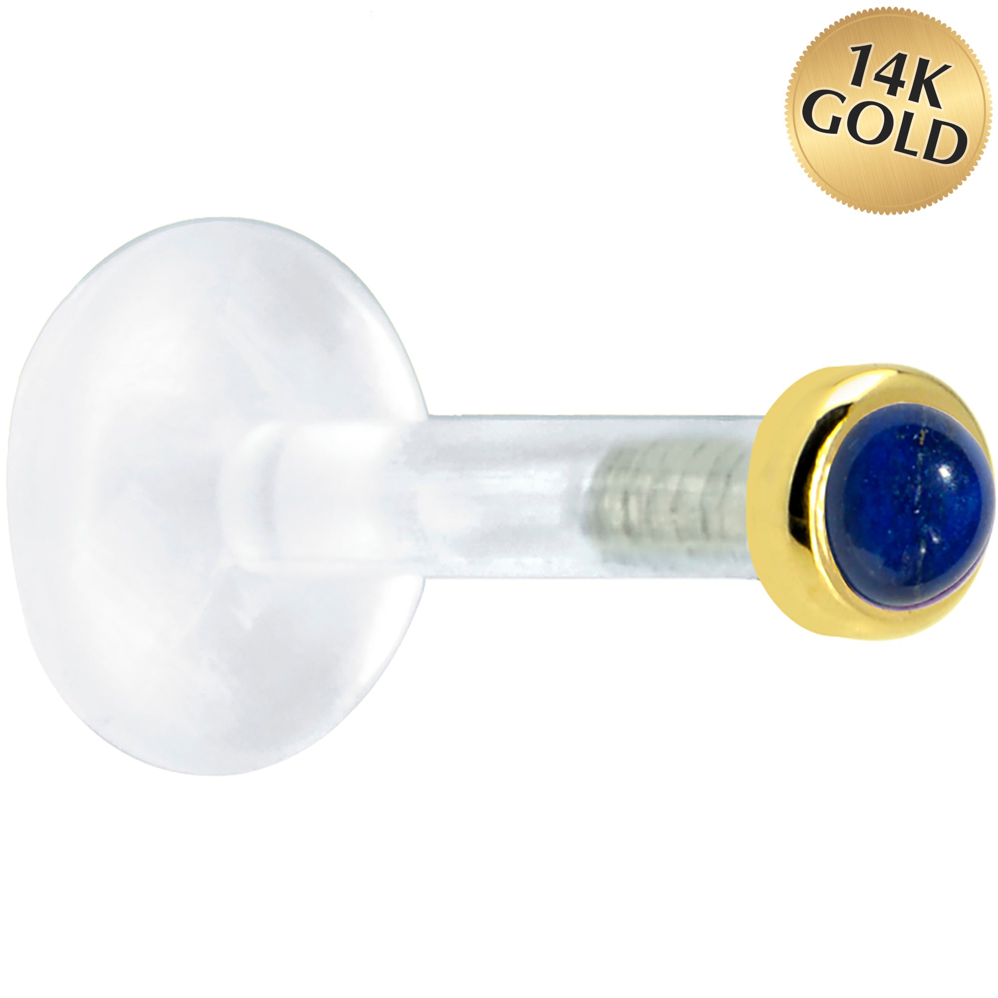 Solid 14KT Yellow Gold 2mm Genuine Blue Lapis Lazuli Bioplast Push in Labret