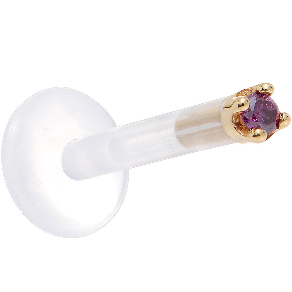 Solid 14KT Yellow Gold 1.5mm Genuine Purple Diamond Bioplast Push in Labret