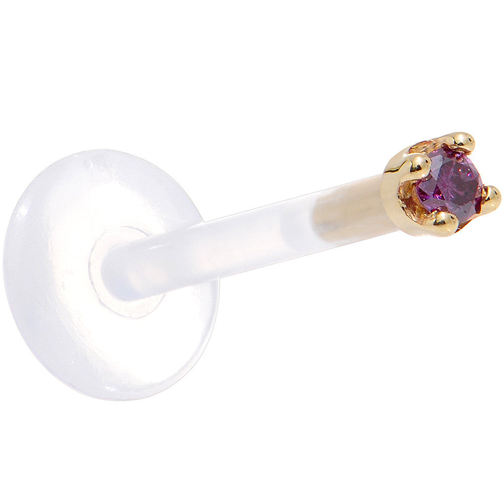 Solid 14KT Yellow Gold 1.5mm Genuine Purple Diamond Bioplast Push in Labret