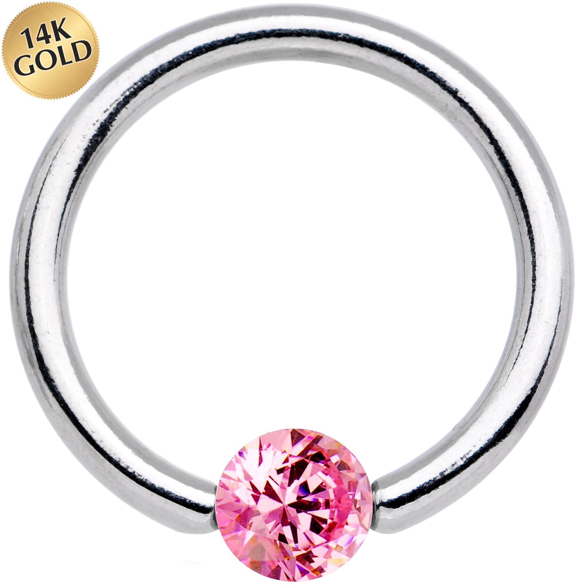 14 Gauge 1/2 Solid 14k White Gold 4mm Pink Cubic Zirconia Tension Captive Ring