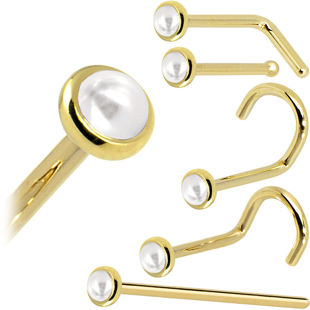 Solid 14KT Yellow Gold June 2mm Cultured Pearl Nose Ring 20 Gauge L-Shape