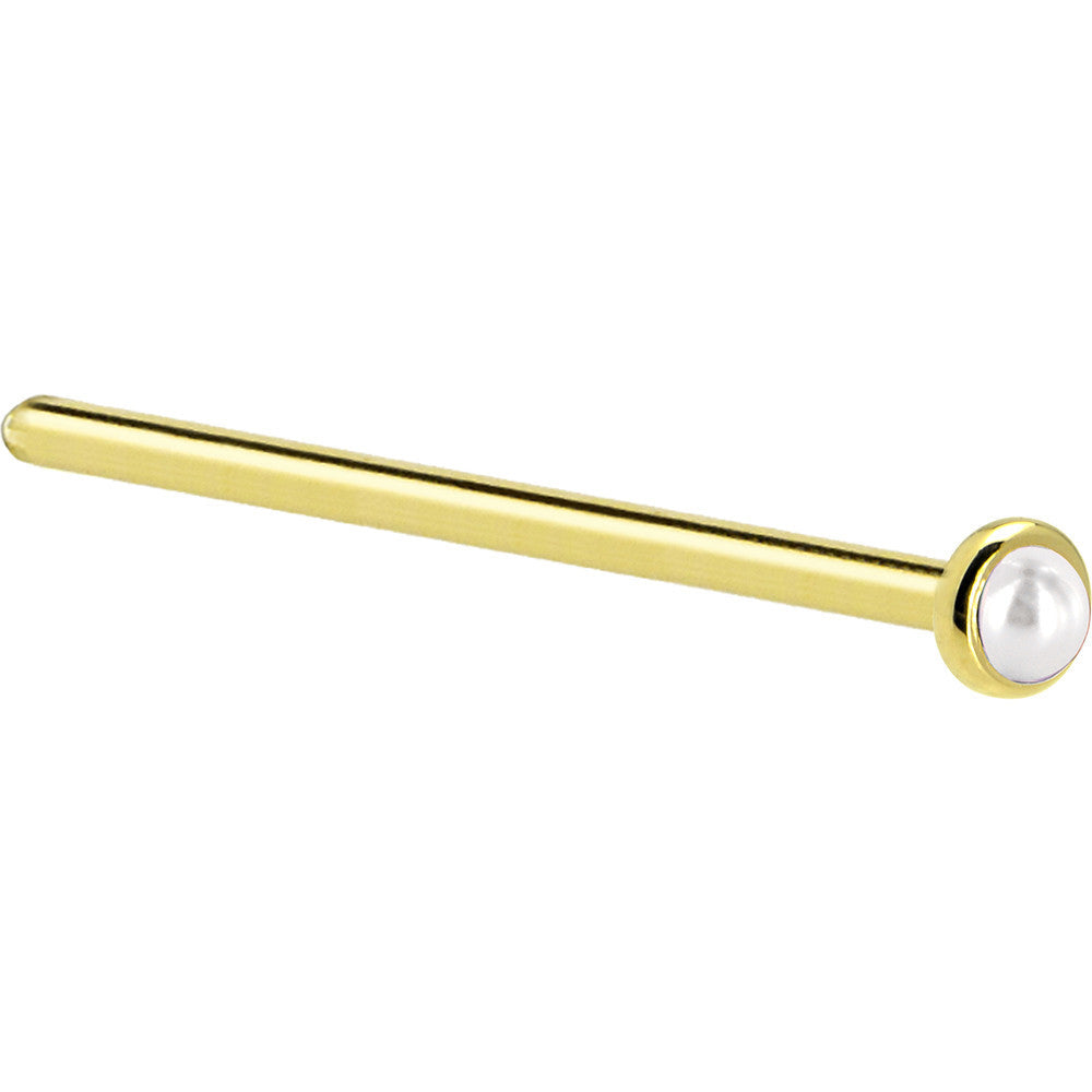 Solid 14KT Yellow Gold June 2mm Cultured Pearl Nose Ring 18 Gauge L-Shape