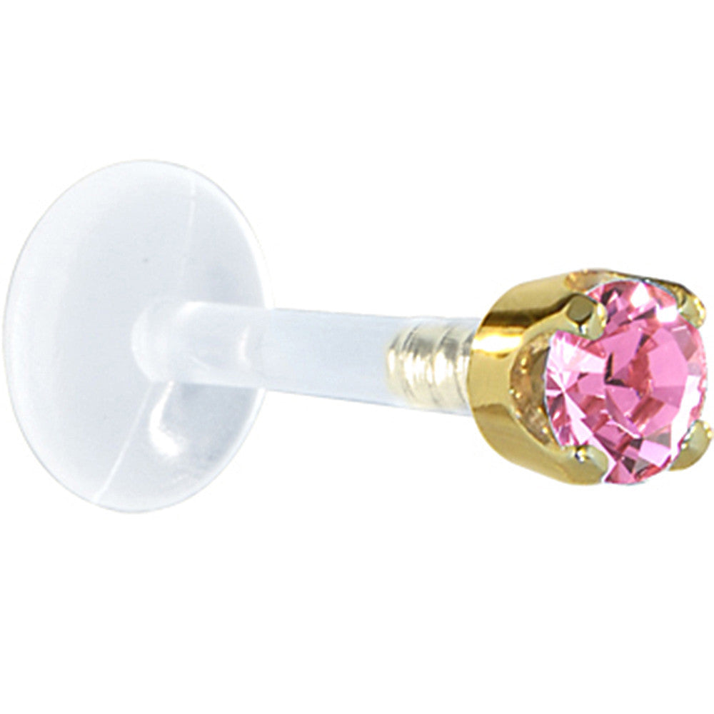 16 Gauge 1/4 Solid 14KT Yellow Gold 3mm Pink Cubic Zirconia Bioplast Tragus Earring Stud