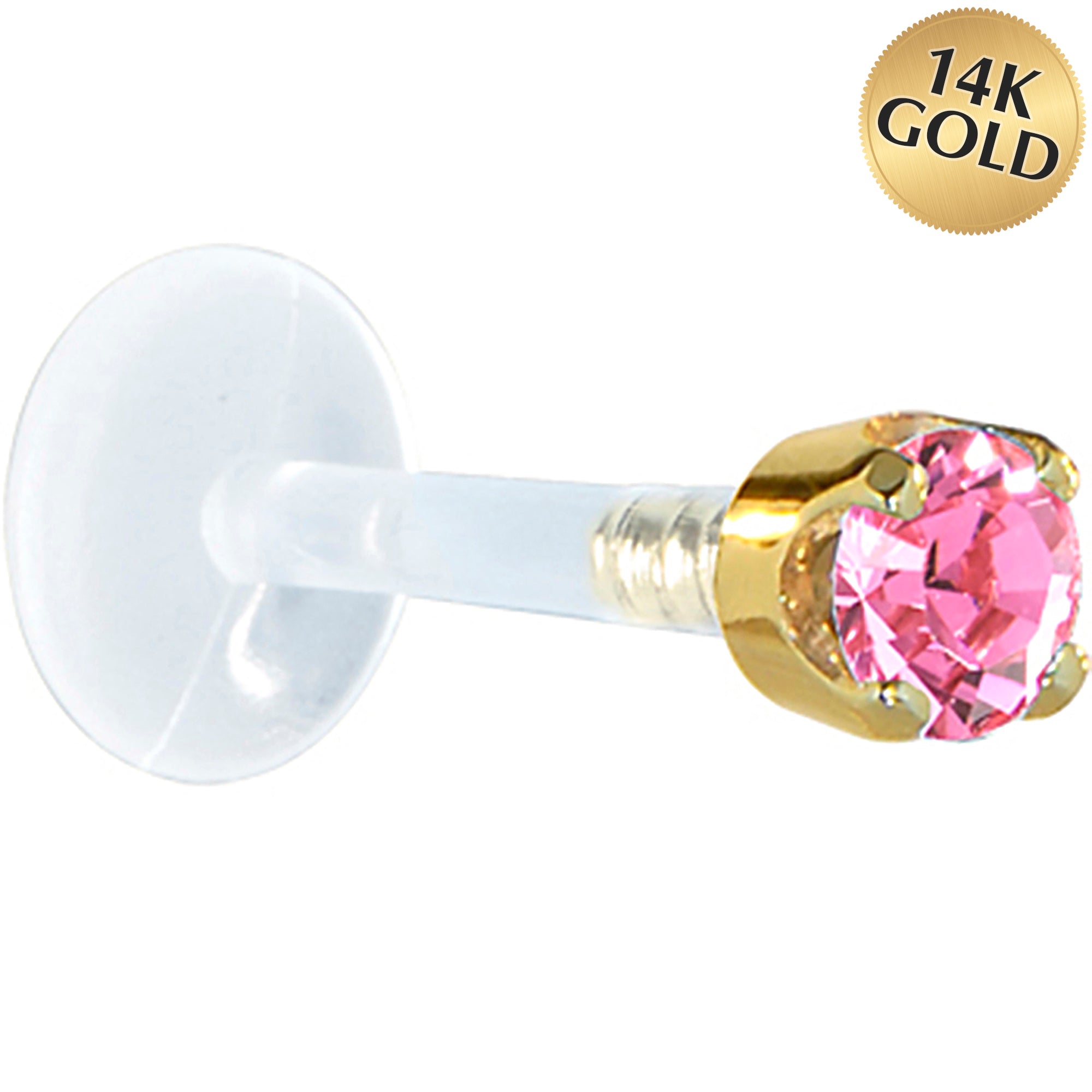 16 Gauge 1/4 Solid 14KT Yellow Gold 3mm Pink Cubic Zirconia Bioplast Tragus Earring Stud