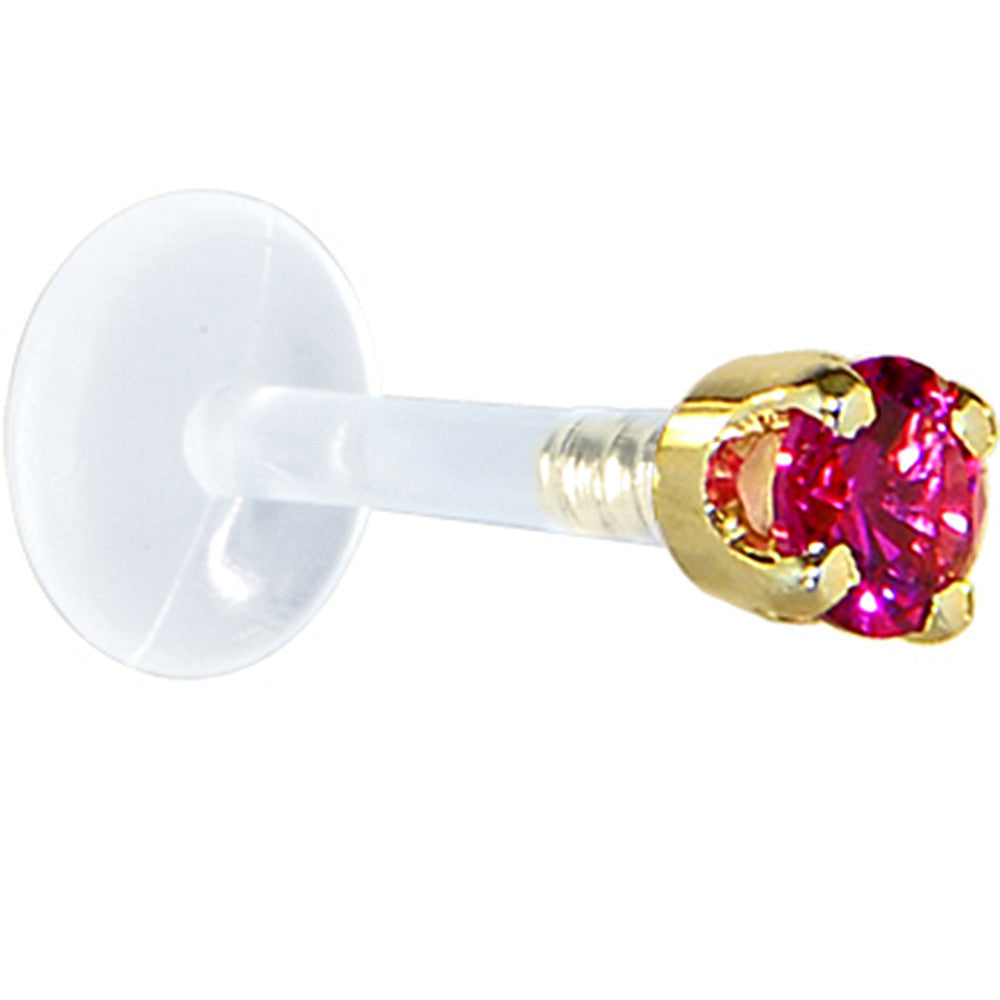 16 Gauge 1/4 Solid 14KT Yellow Gold 3mm Red Cubic Zirconia Bioplast Tragus Earring Stud