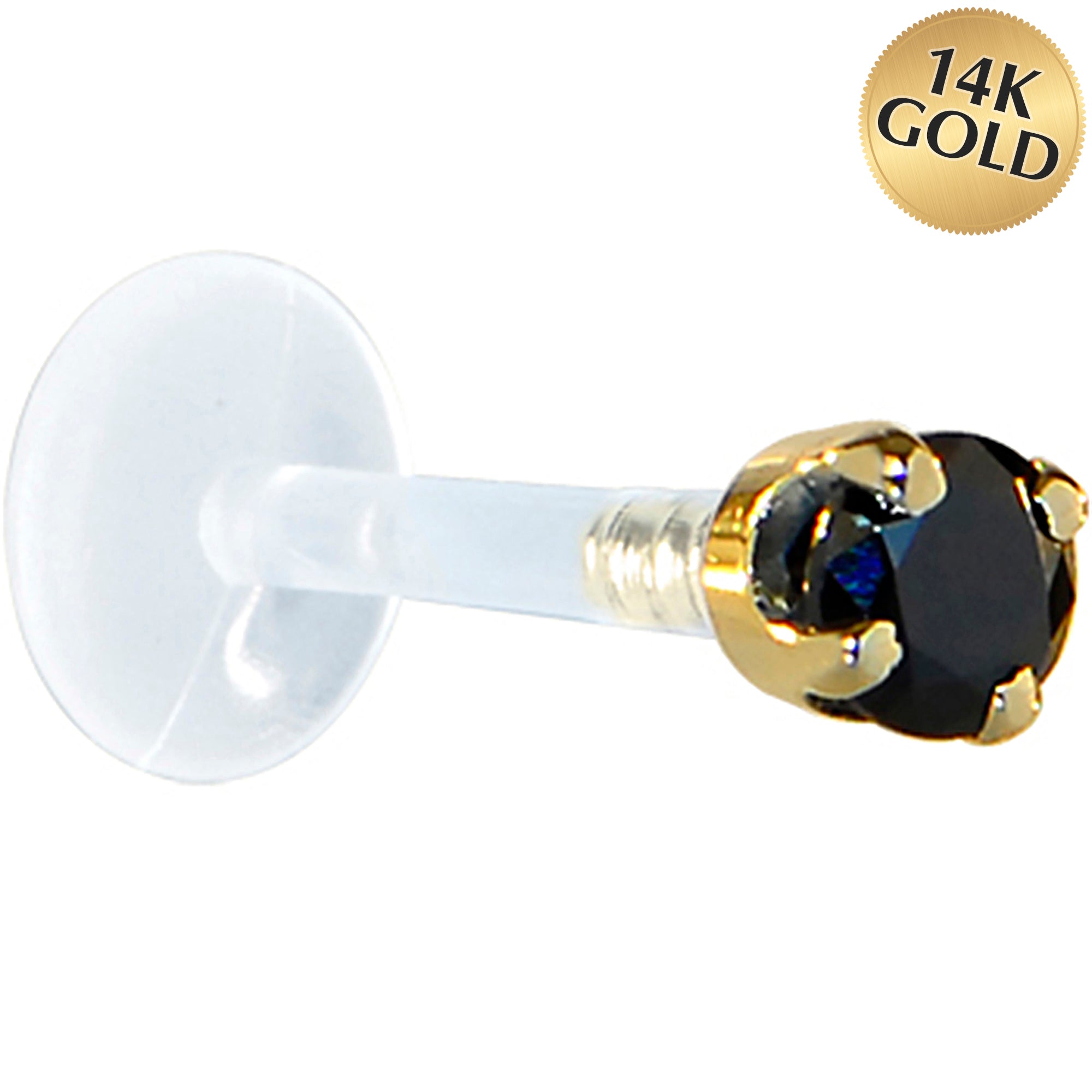 16 Gauge 1/4 Solid 14KT Yellow Gold 3mm Black Cubic Zirconia Bioplast Tragus Earring Stud