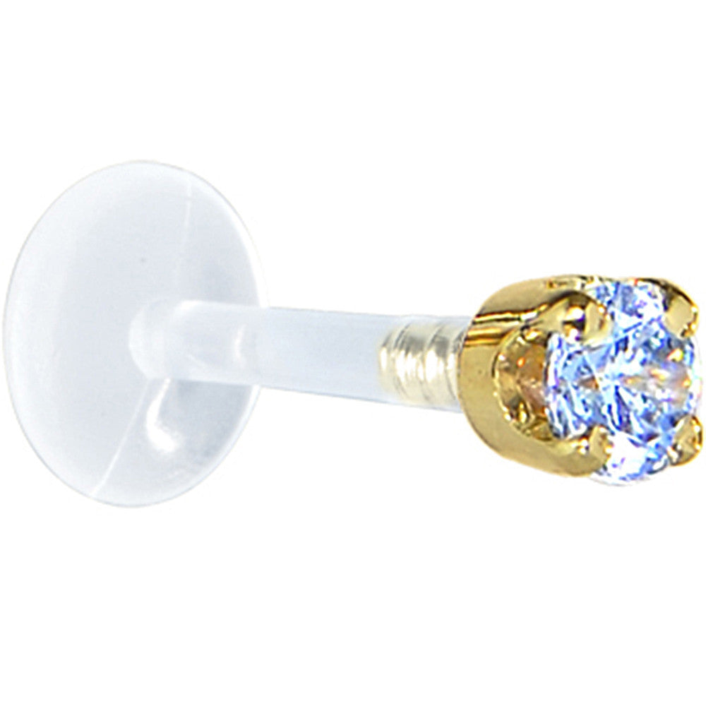 16 Gauge 1/4 Solid 14KT Yellow Gold 3mm Plexi Blue Cubic Zirconia Bioplast Tragus Earring Stud