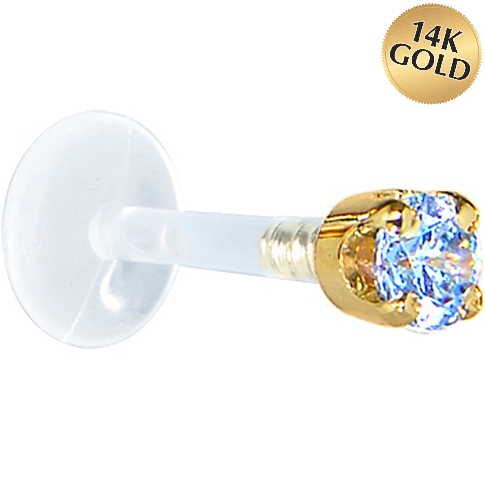 16 Gauge 1/4 Solid 14KT Yellow Gold 3mm Plexi Blue Cubic Zirconia Bioplast Tragus Earring Stud