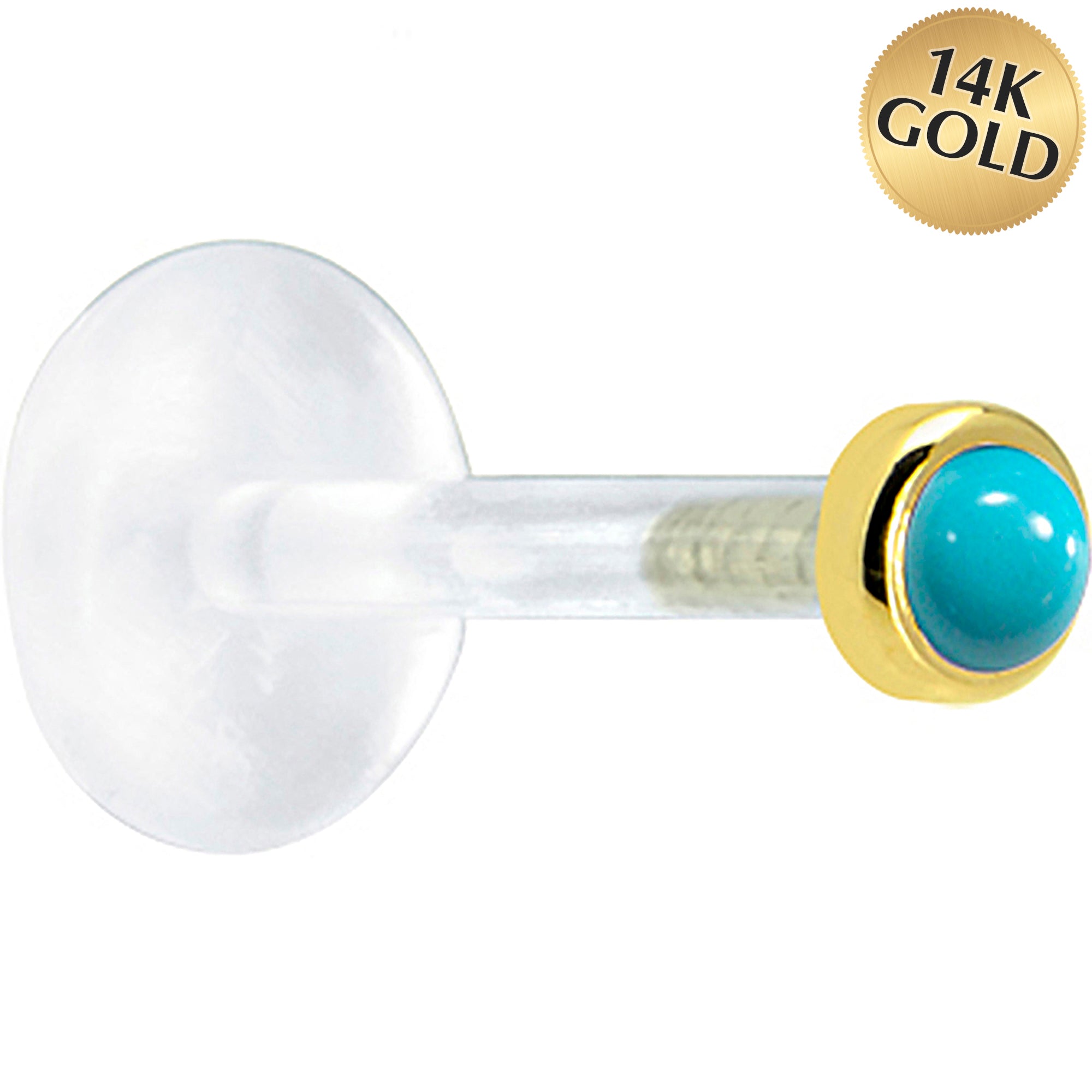 16 Gauge 1/4 Solid 14KT Yellow Gold 2mm Genuine Turquoise Bioplast Cartilage Earring Stud