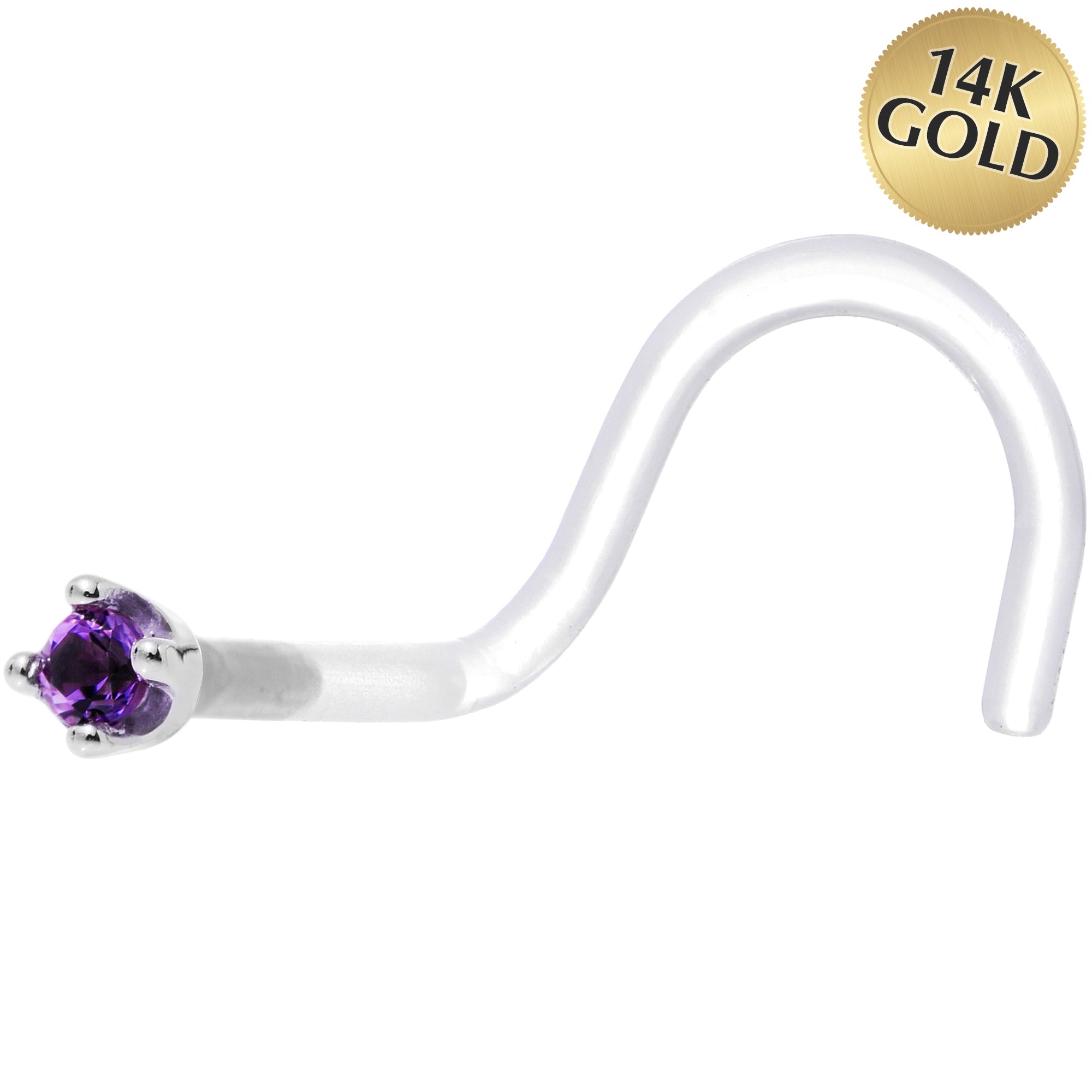 18 Gauge 1/4 White Gold 1.5mm Genuine Amethyst Bioplast Nose Ring