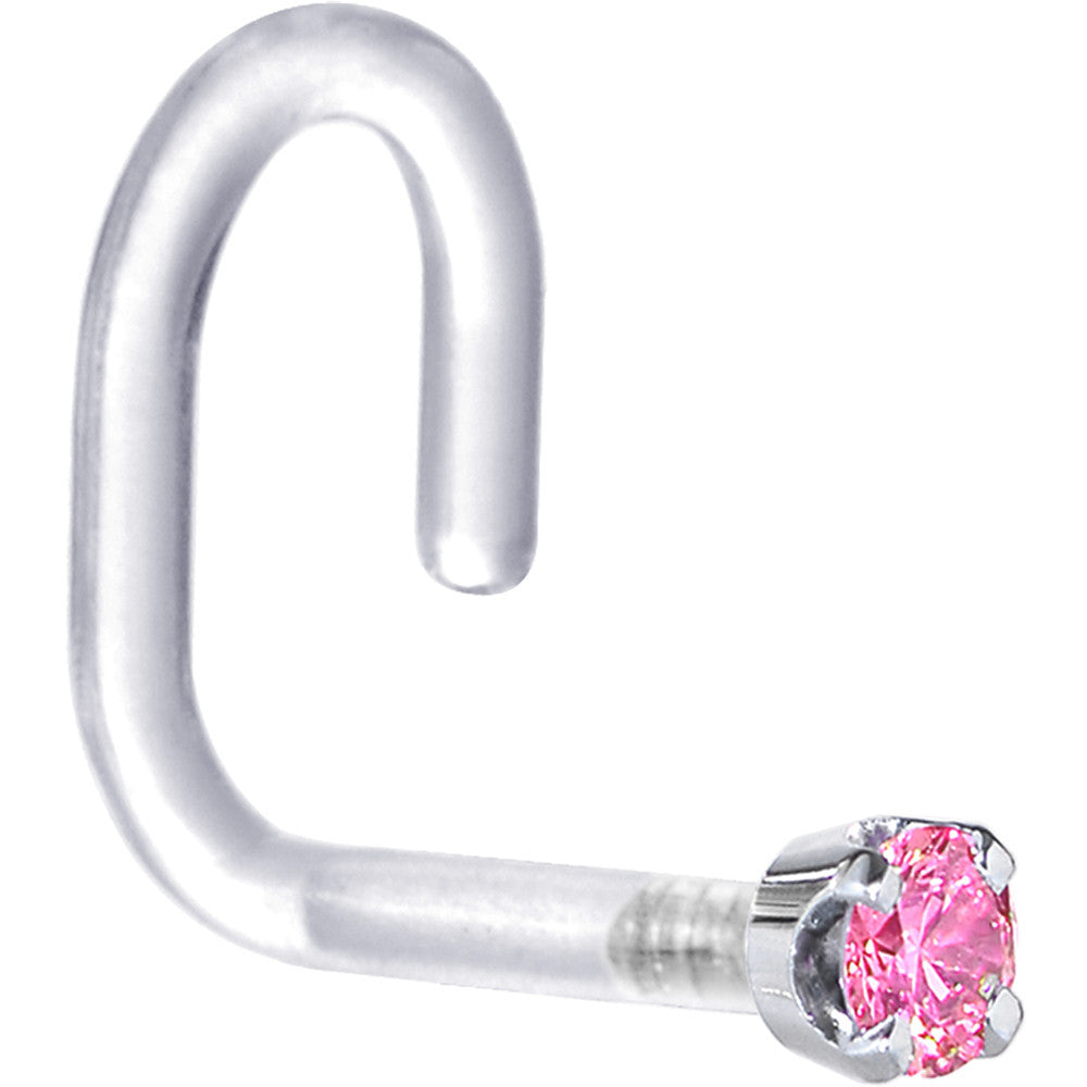 18 Gauge 1/4 White Gold 1.5mm Pink Cubic Zirconia Bioplast Nose Ring