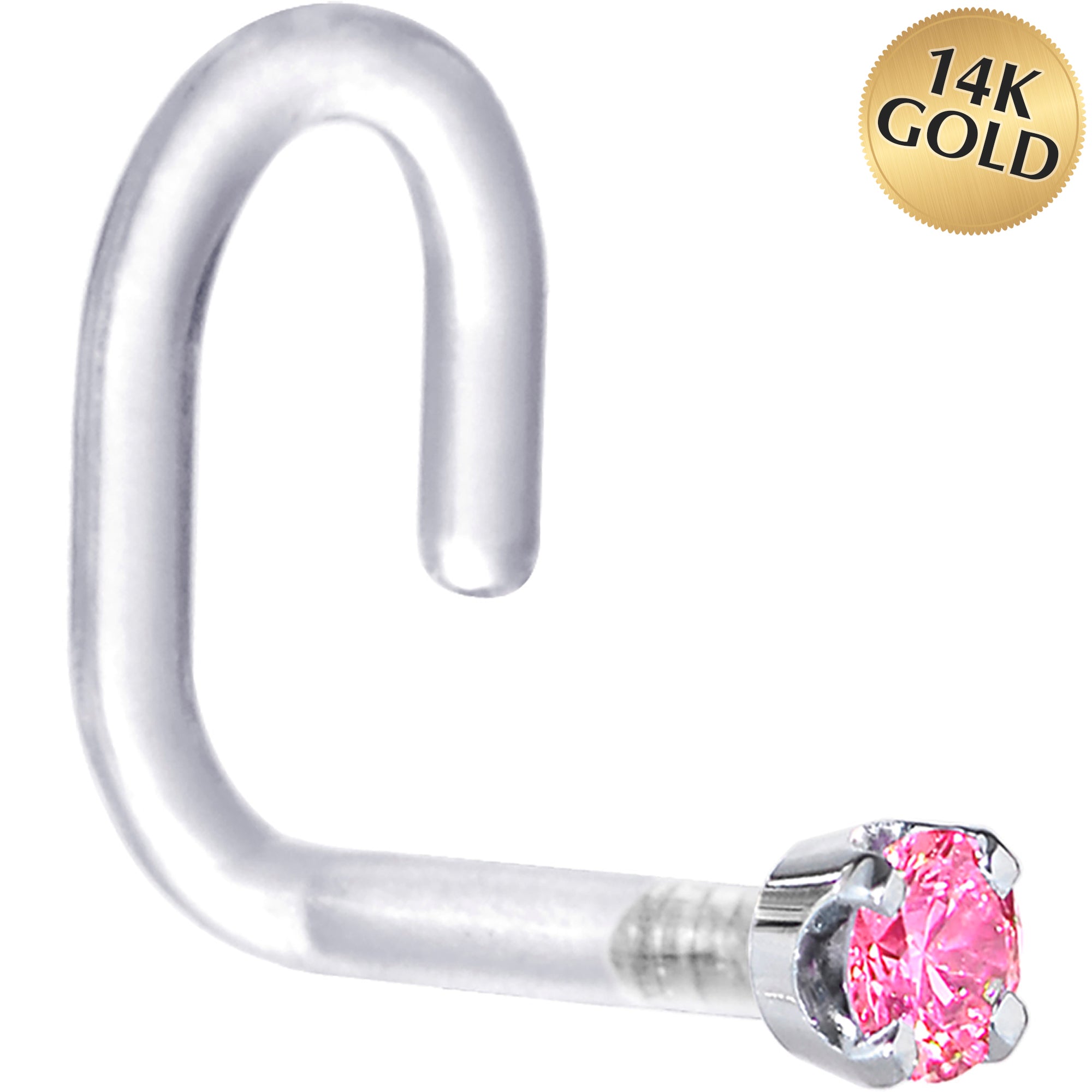 18 Gauge 1/4 White Gold 1.5mm Pink Cubic Zirconia Bioplast Nose Ring