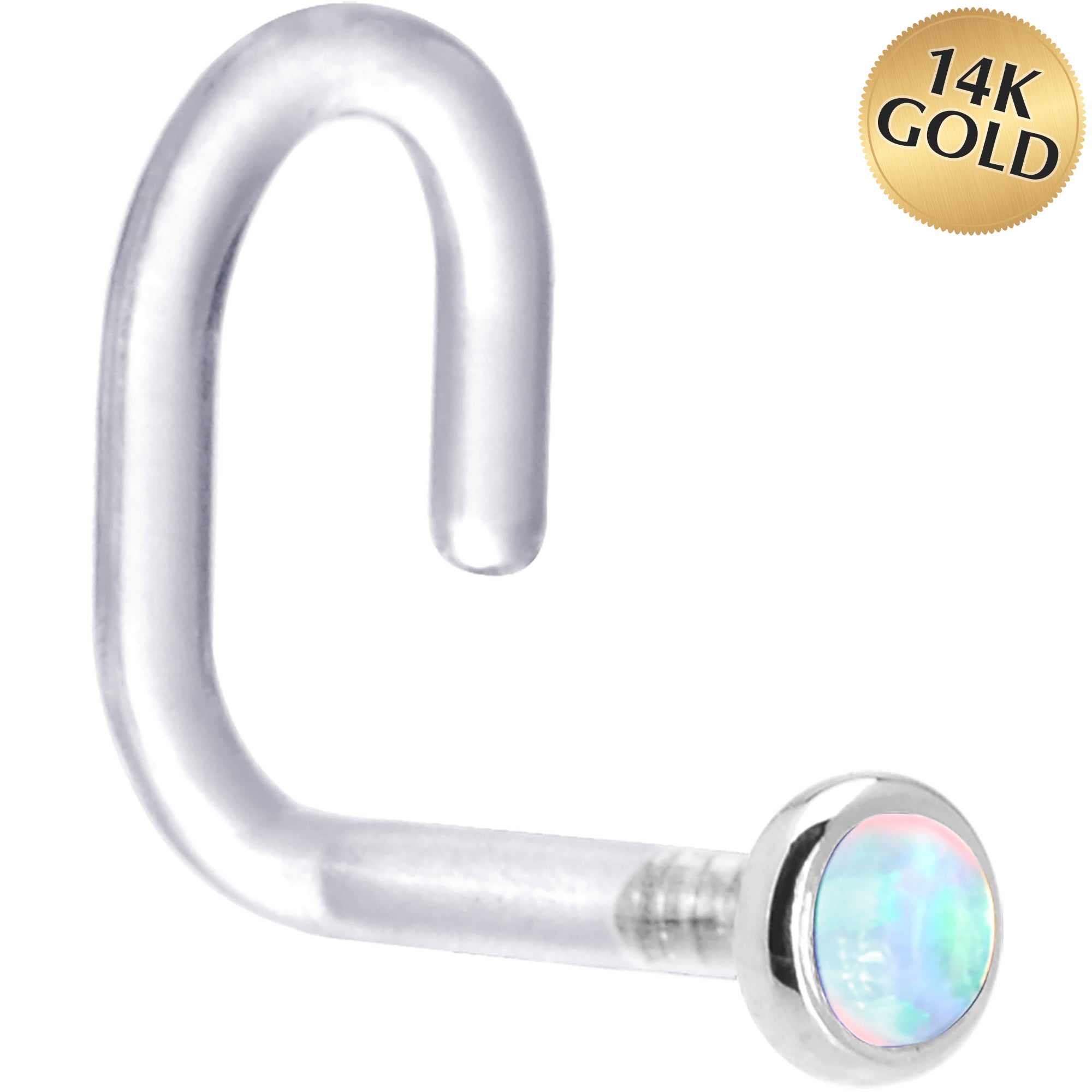 18 Gauge 1/4 White Gold 2mm White Synthetic Opal Bioplast Nose Ring