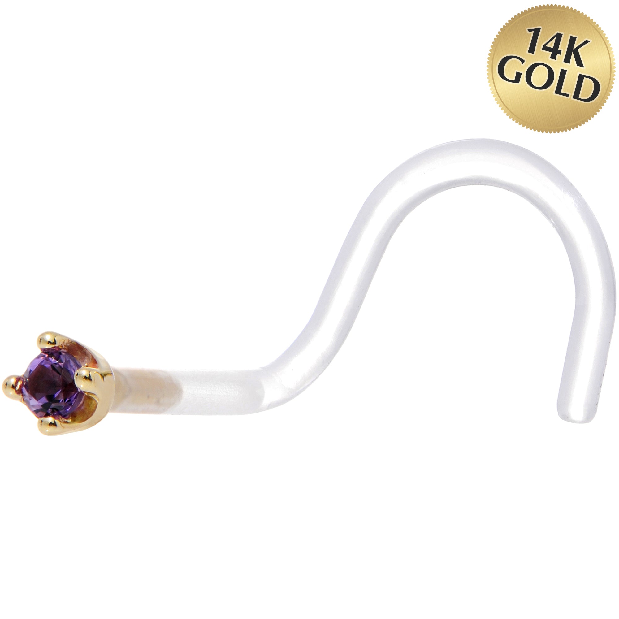 18 Gauge 1/4 Yellow Gold 1.5mm Genuine Amethyst Bioplast Nose Ring