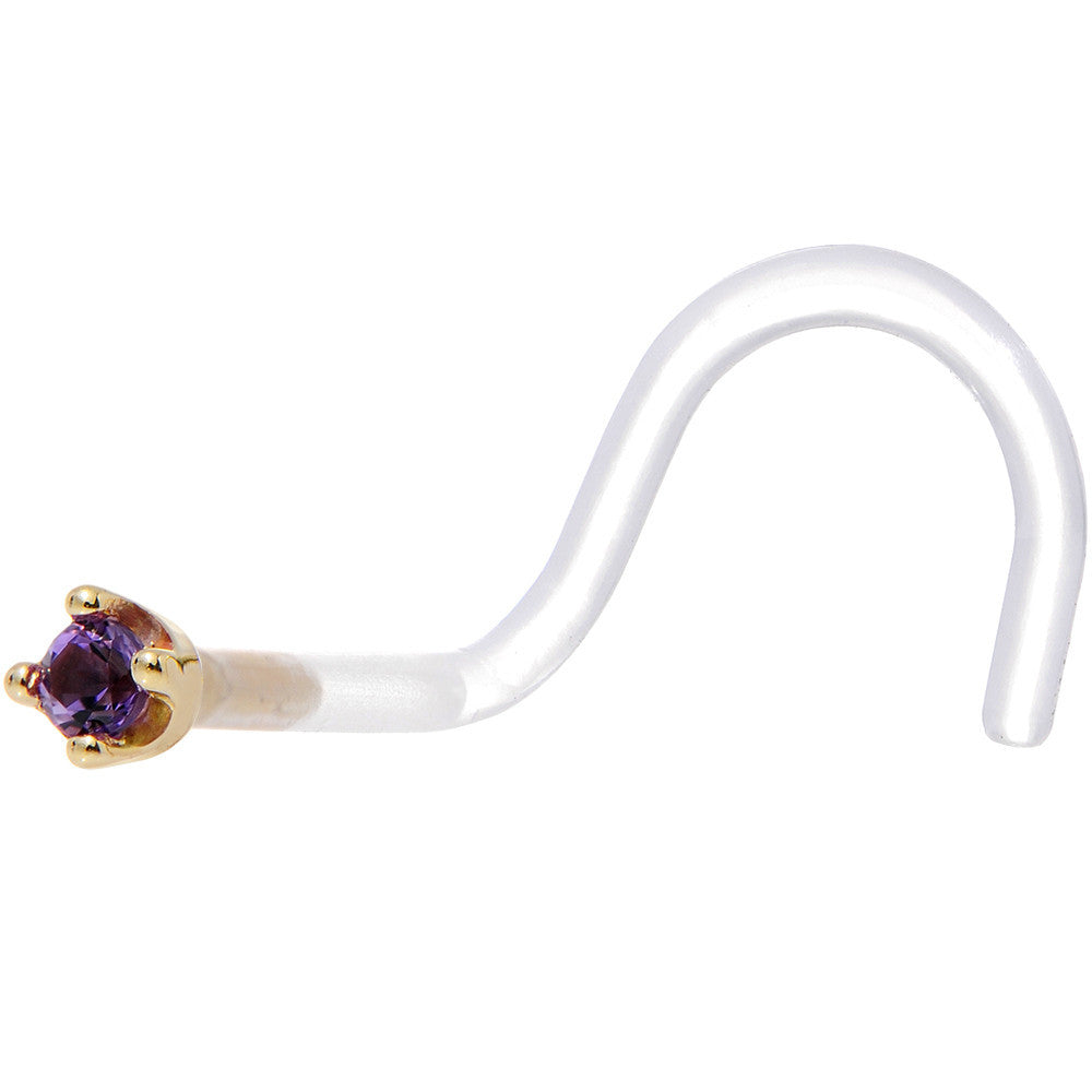 18 Gauge 1/4 Yellow Gold 1.5mm Genuine Amethyst Bioplast Nose Ring