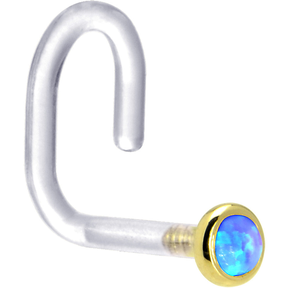 18 Gauge 1/4 Yellow Gold 2mm Blue Synthetic Opal Bioplast Nose Ring