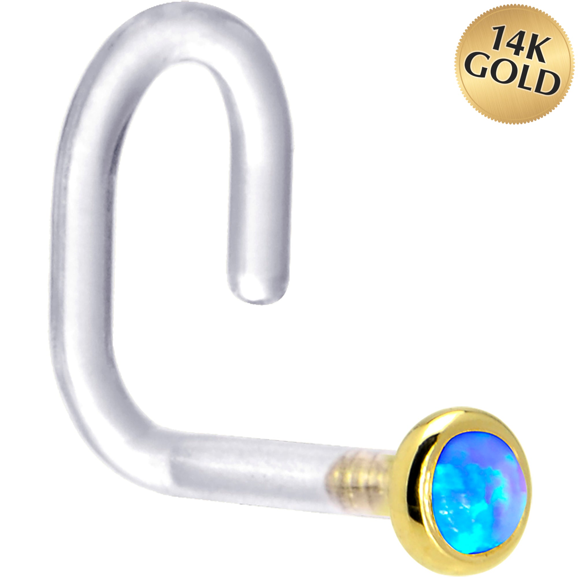 18 Gauge 1/4 Yellow Gold 2mm Blue Synthetic Opal Bioplast Nose Ring