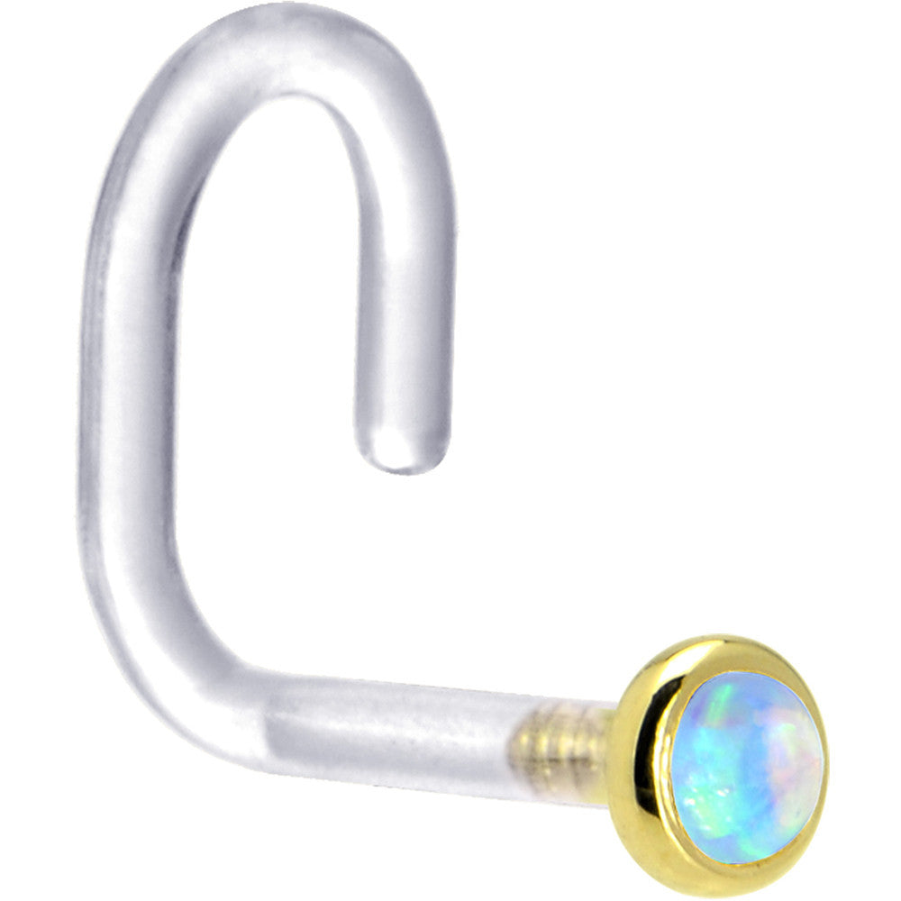 18 Gauge 1/4 Yellow Gold 2mm Light Blue Synthetic Opal Bioplast Nose Ring