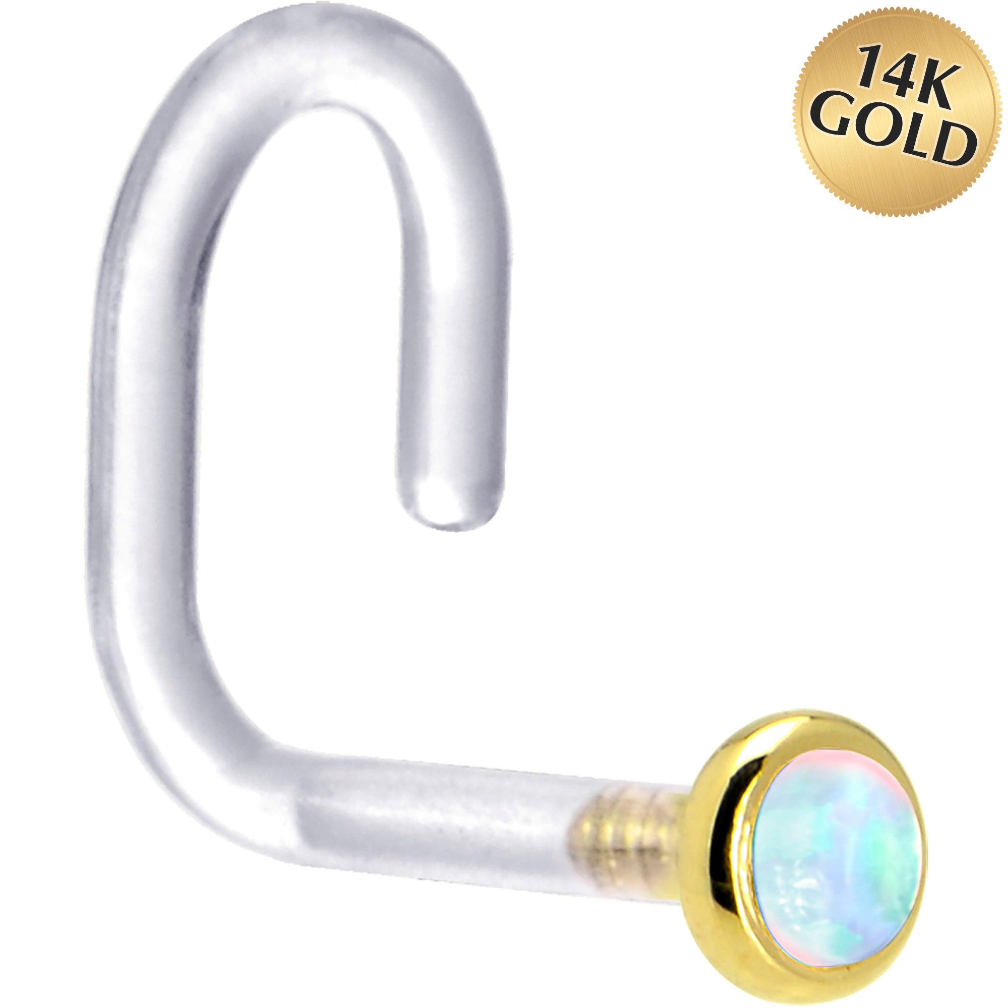 18 Gauge 1/4 Yellow Gold 2mm White Synthetic Opal Bioplast Nose Ring