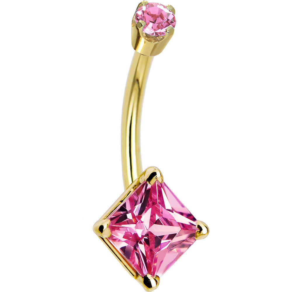 14kt Yellow Gold Pink Cubic Zirconia Princess Belly Ring