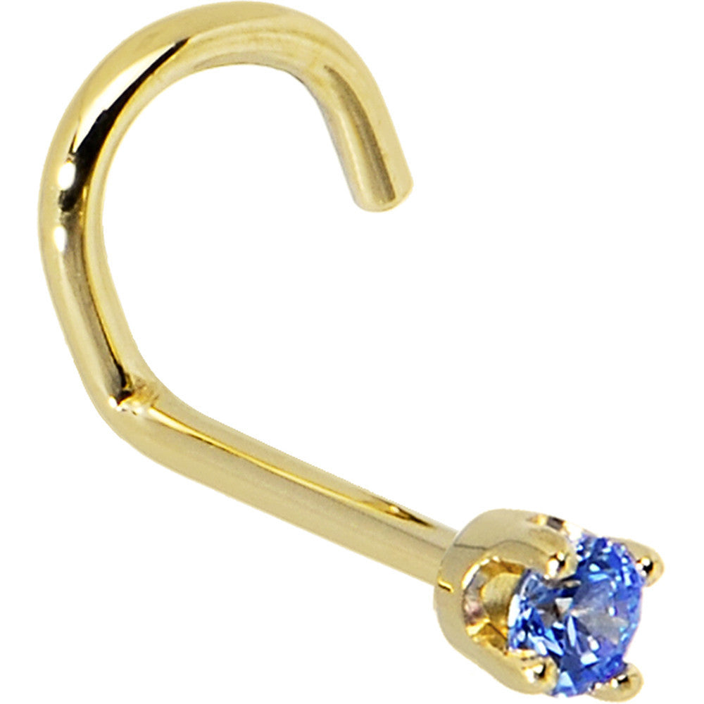 Solid 14KT Yellow Gold 2mm Arctic Blue Cubic Zirconia Nose Ring